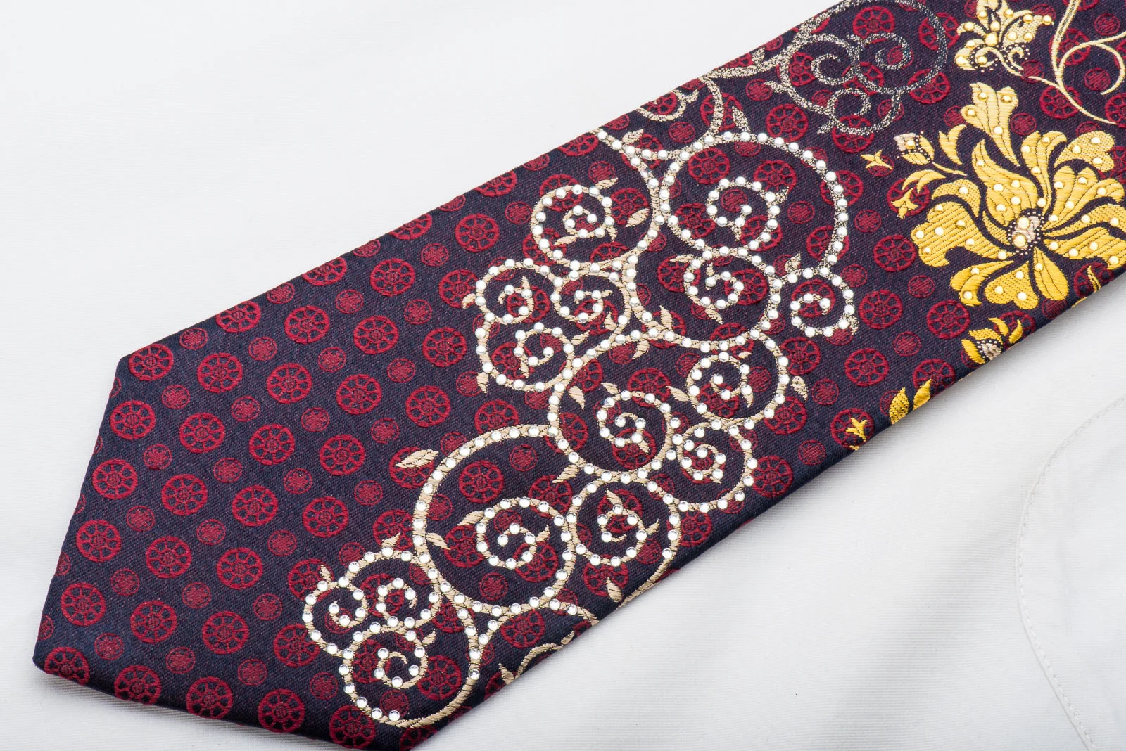 Remizio Men's Rhinestone Necktie Silver Scrolls & Gold Floral On Navy Silk - Image 5