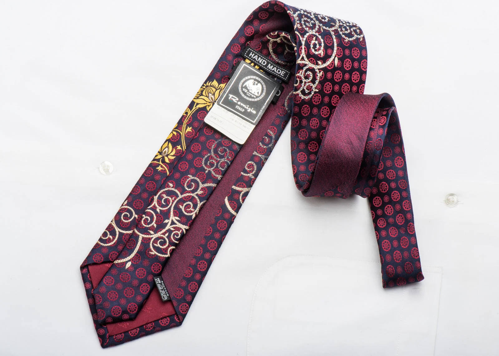 Remizio Men's Rhinestone Necktie Silver Scrolls & Gold Floral On Navy Silk - Image 6