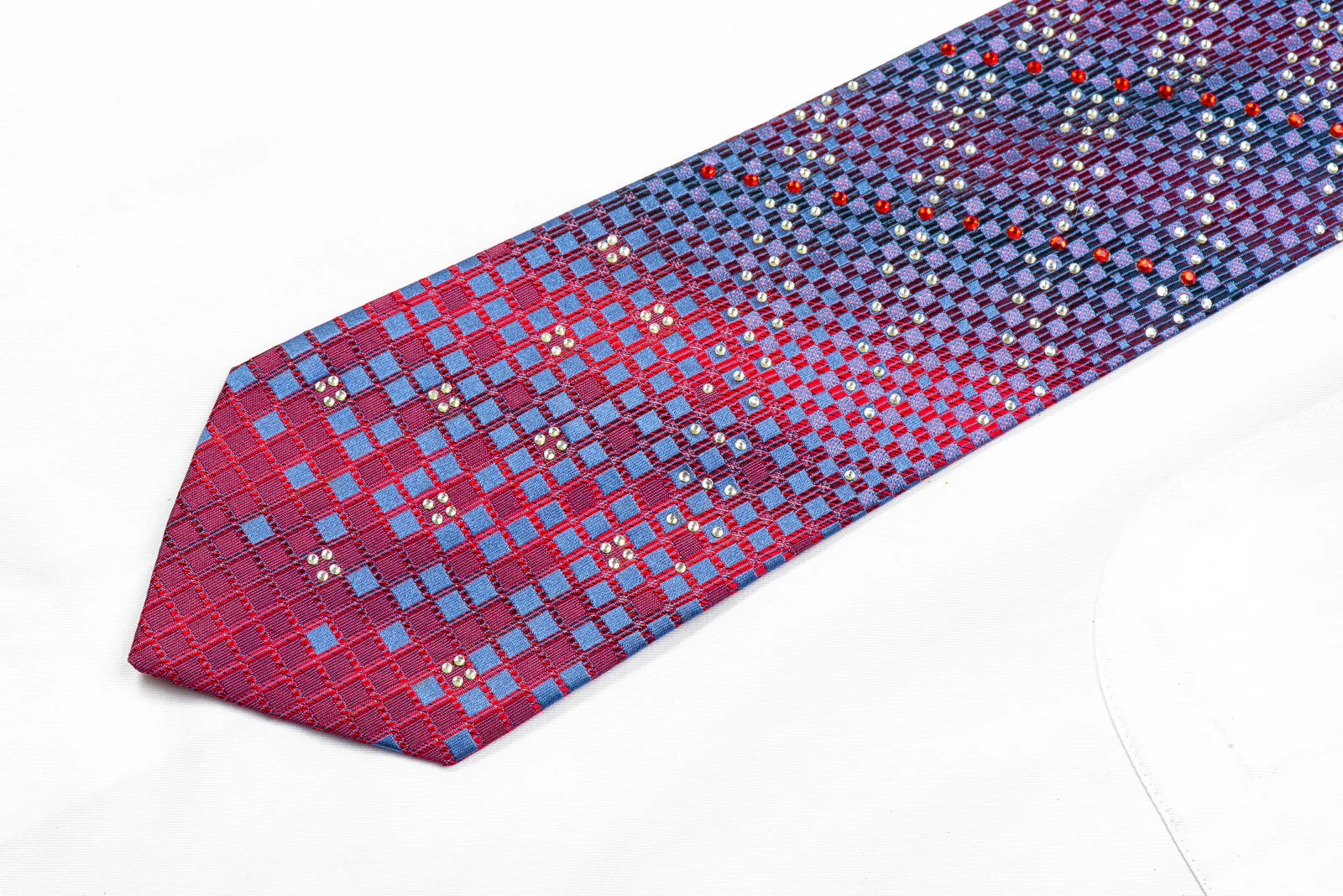 Remizio Men's Rhinestone Silk Necktie Blue Red Geometric With Sparkles - Image 3