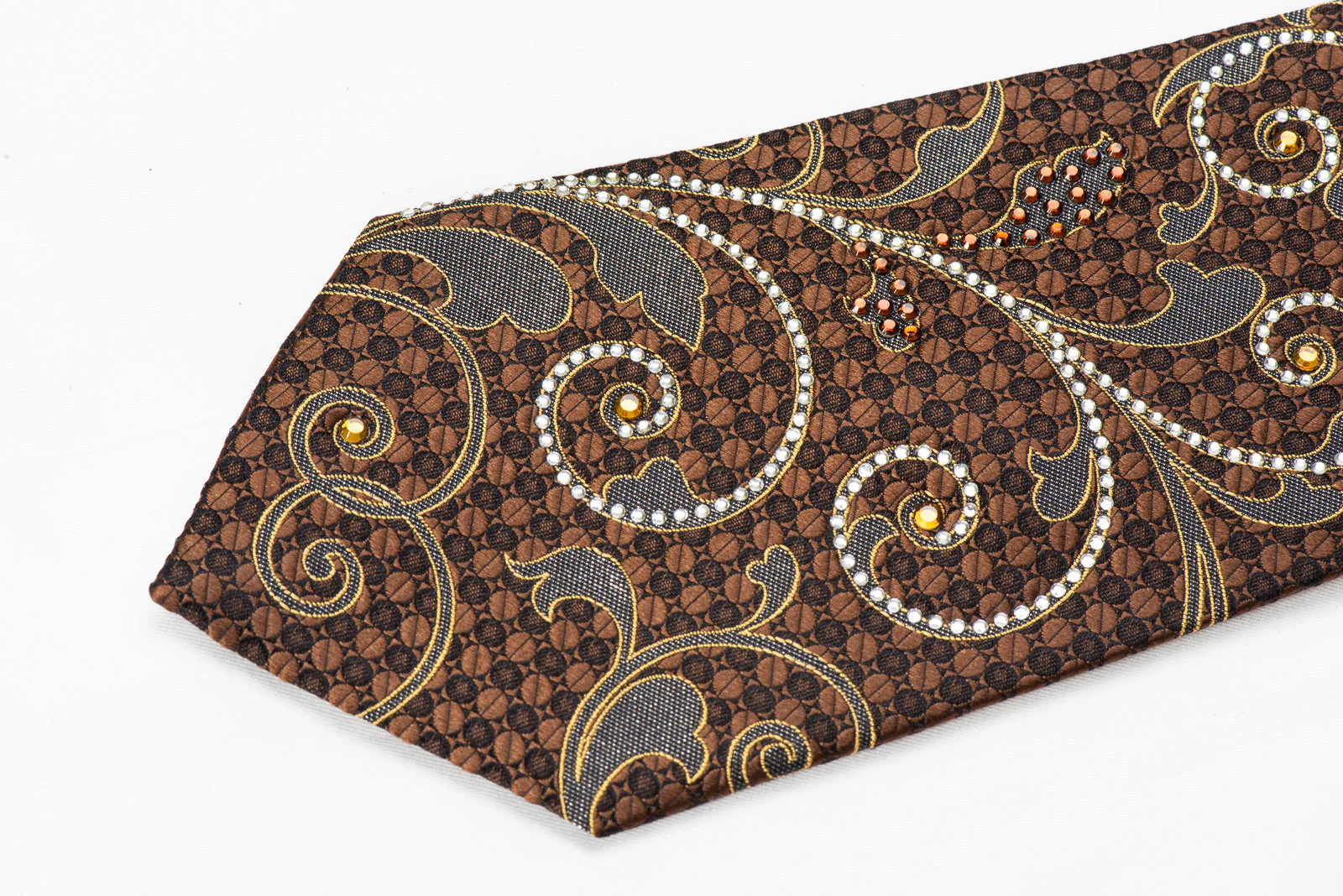 Men's Rhinestone Tie Scrolls On Brown With Silver Sparkles - Image 3