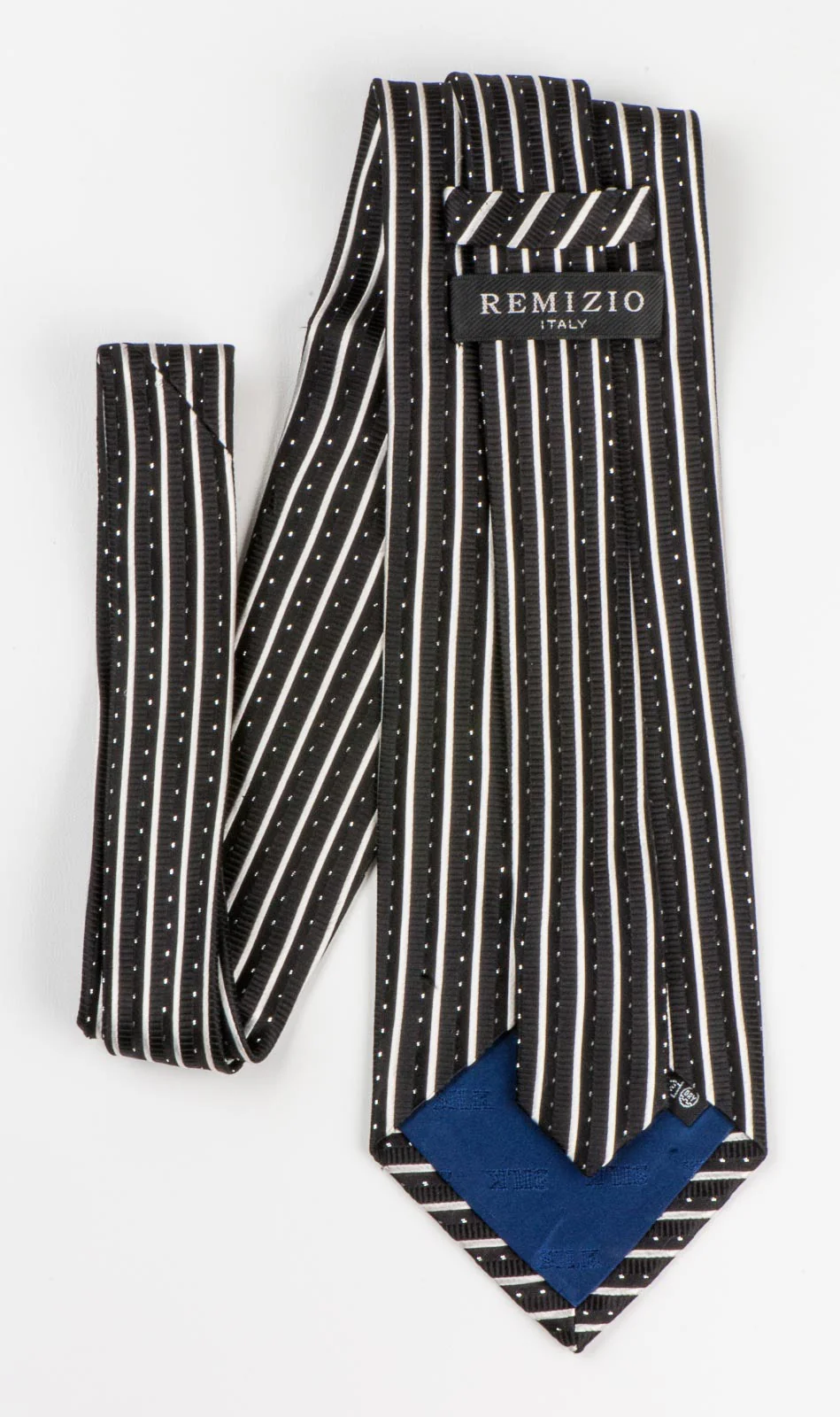 Remizio Men's Silk Neck Tie Black & White Vertical Stripes With Silver Sparkles - Image 2