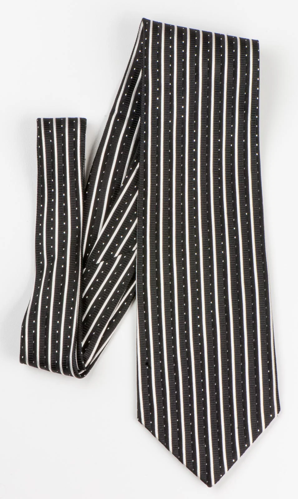 Remizio Men's Silk Neck Tie Black & White Vertical Stripes With Silver Sparkles - Image 3