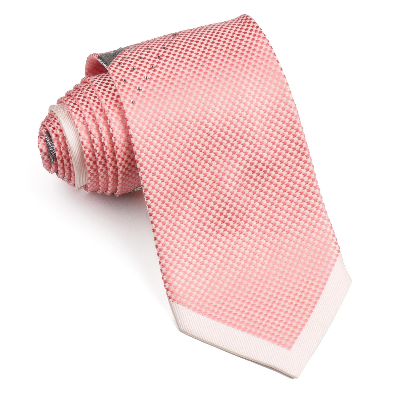 Remizio Men's Silk Neck Tie With Rhinestones Pink White With Silver Stripes