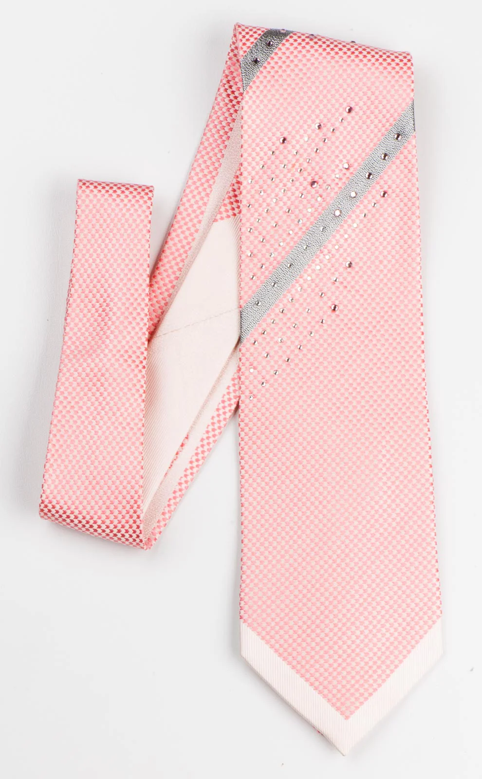 Remizio Men's Silk Neck Tie With Rhinestones Pink White With Silver Stripes - Image 3