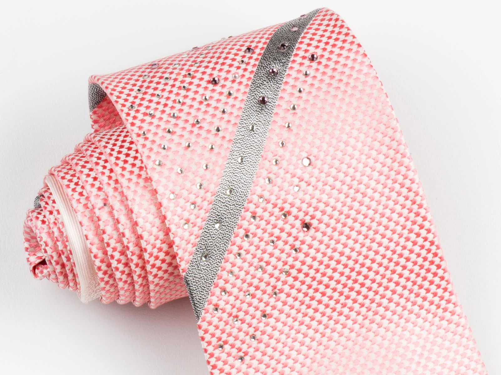 Remizio Men's Silk Neck Tie With Rhinestones Pink White With Silver Stripes - Image 4