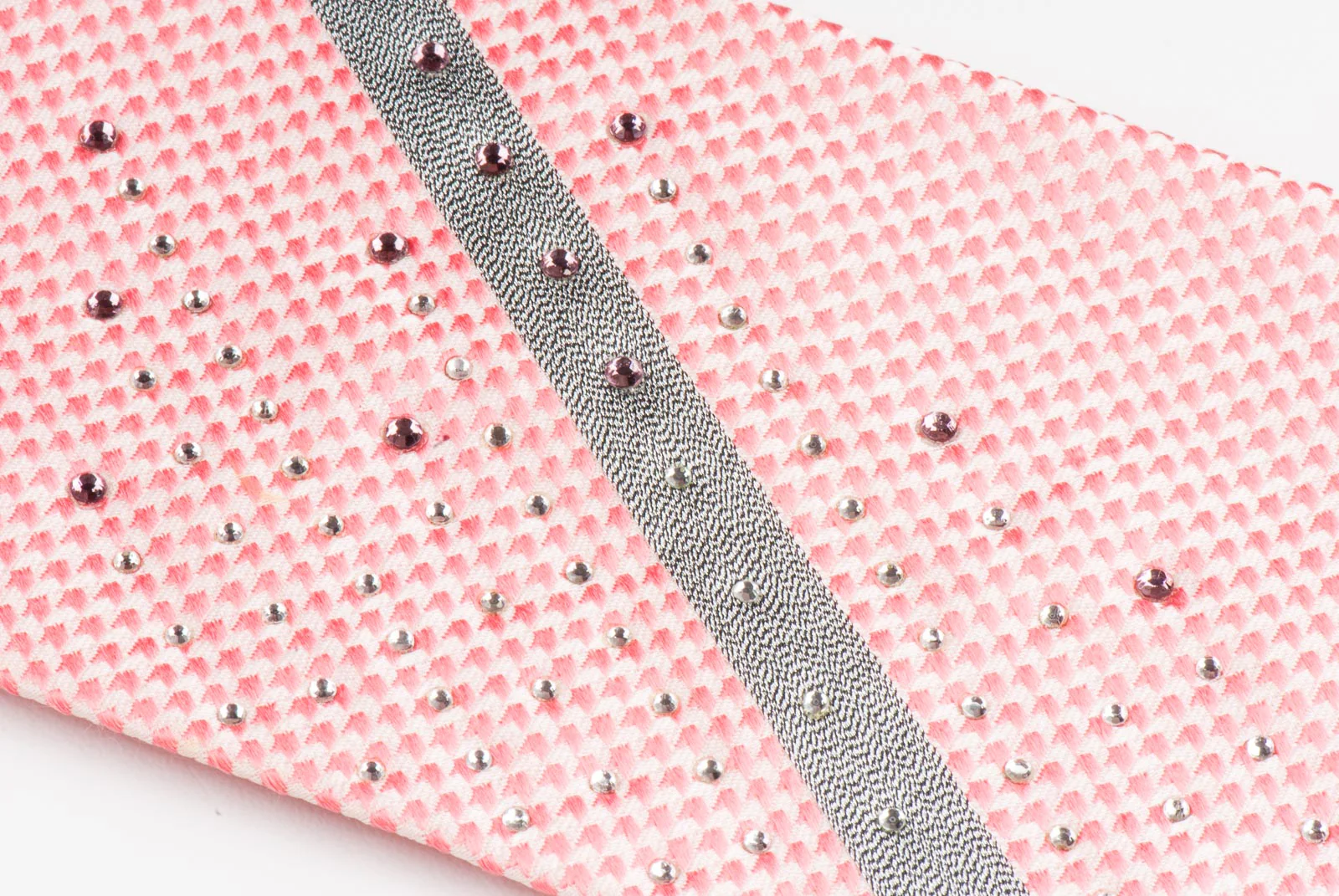 Remizio Men's Silk Neck Tie With Rhinestones Pink White With Silver Stripes - Image 5