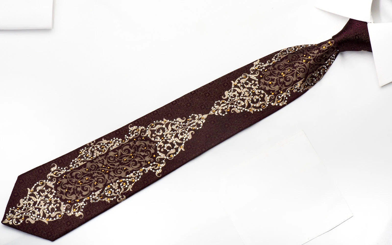 Remizio Men's Silk Necktie Gold Damask On Burgundy Sparkling With Crystal Rhinestones - Image 4