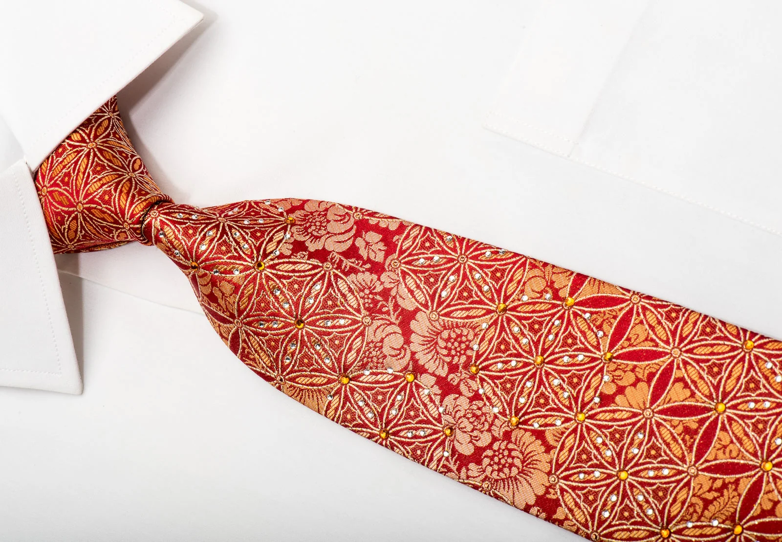Remizio Men's Silk Necktie Golden Floral On Red Sparkling With Rhinestones - Image 2