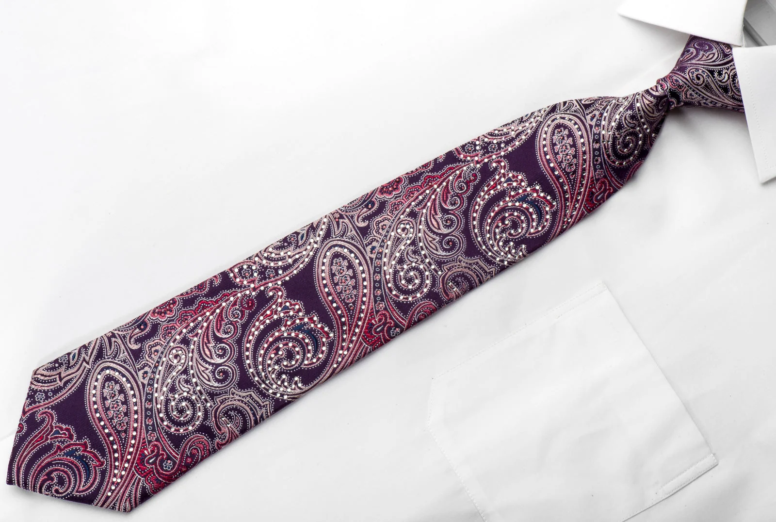 Remizio Men's Silk Necktie Paisley On Purple Sparkling With Crystal Rhinestones - Image 2