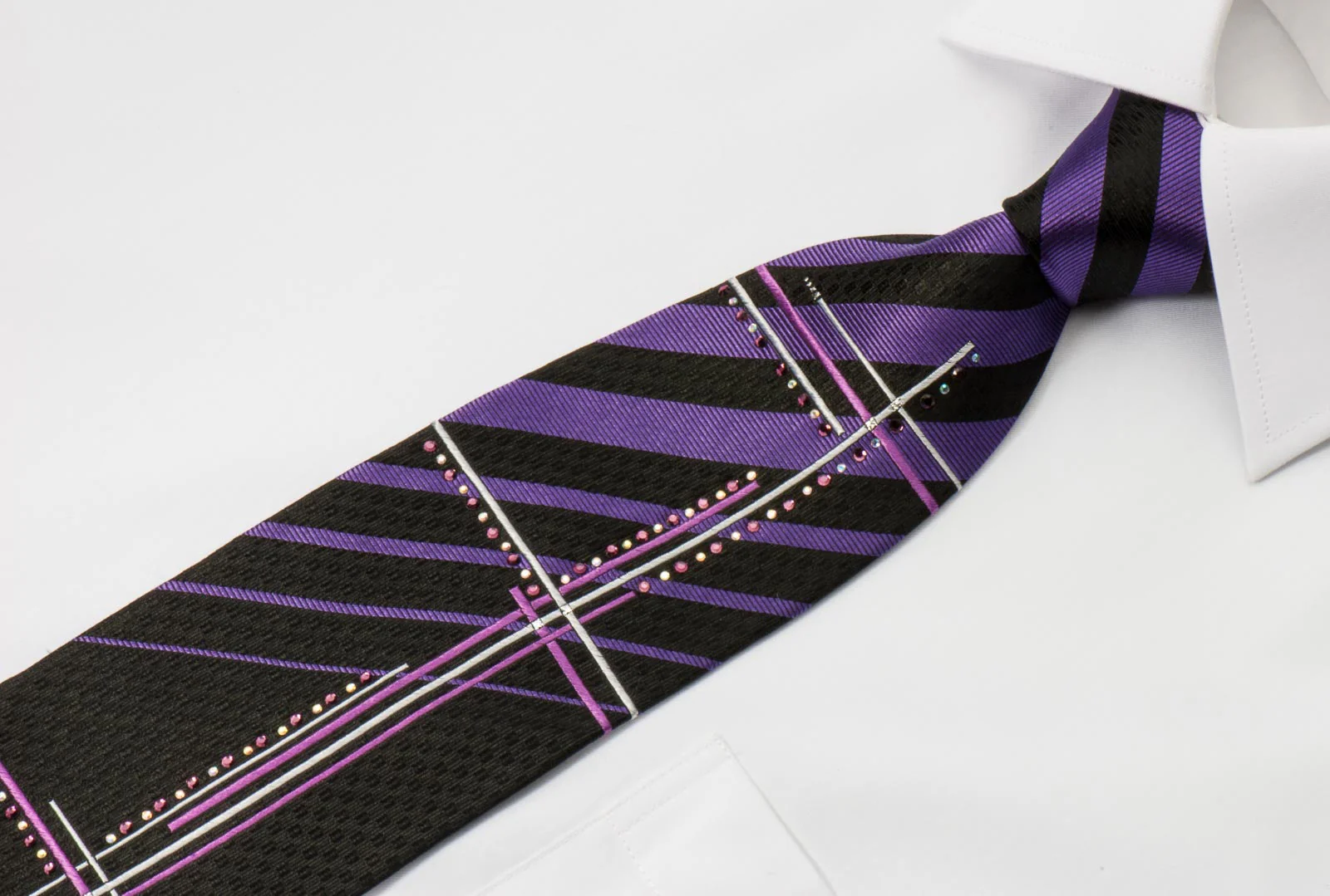 Remizio Men's Silk Necktie Purple Stripes & Geometric Pattern On Black With Rhinestones