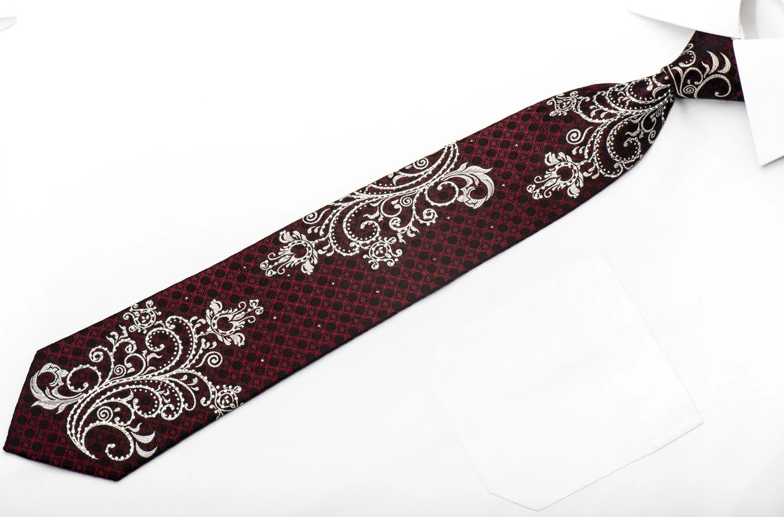 Remizio Men's Silk Necktie Silver Anthemion Scrolls On Burgundy Black Sparkling With Crystal Rhinestones - Image 4