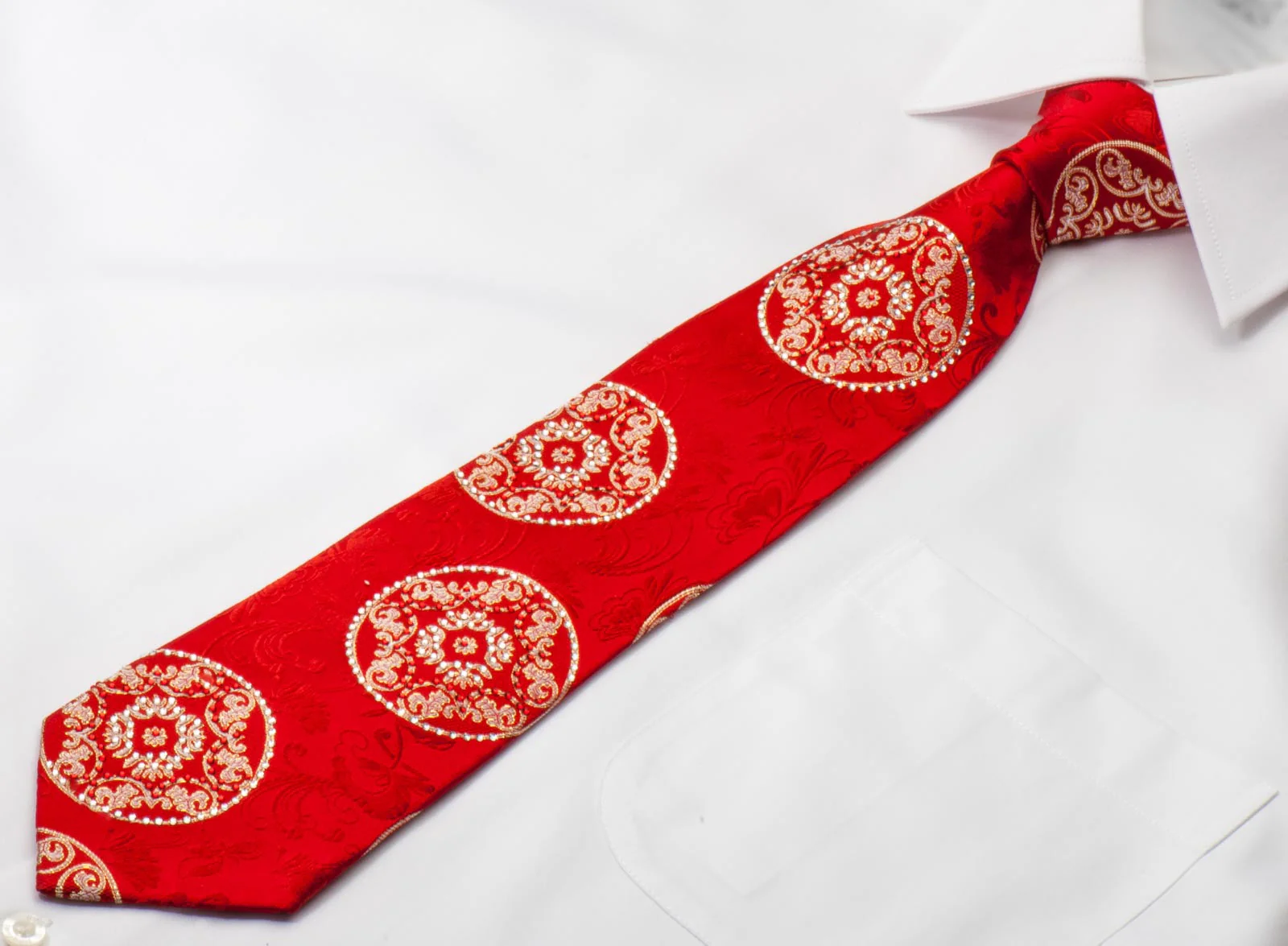 Remizio Men's Silk Rhinestone Necktie Silver Medallions On Red With Golden Sparkles - Image 5