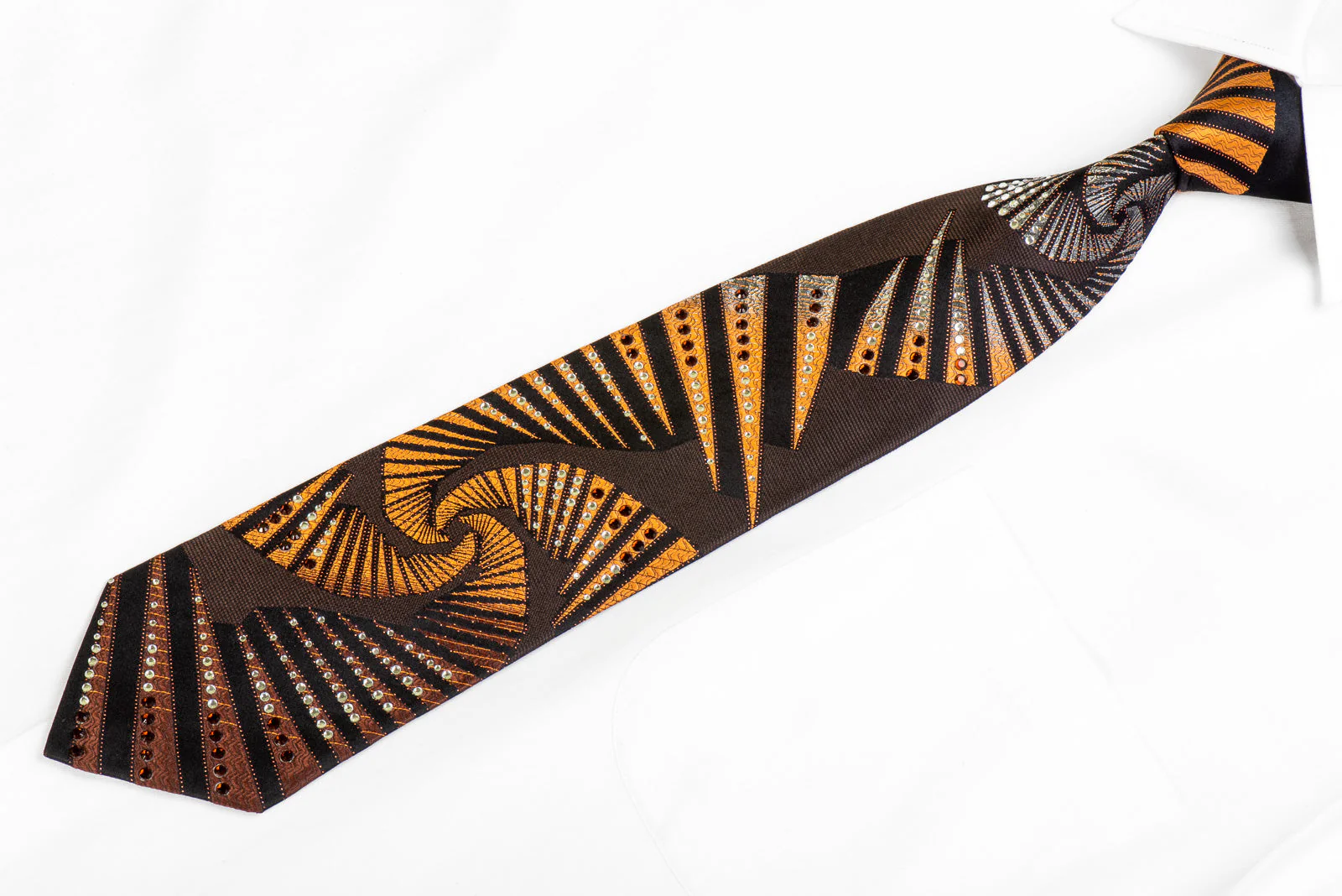Remizio Men's Silk Rhinestone Necktie Silver Orange Geometric On Brown Black - Image 4