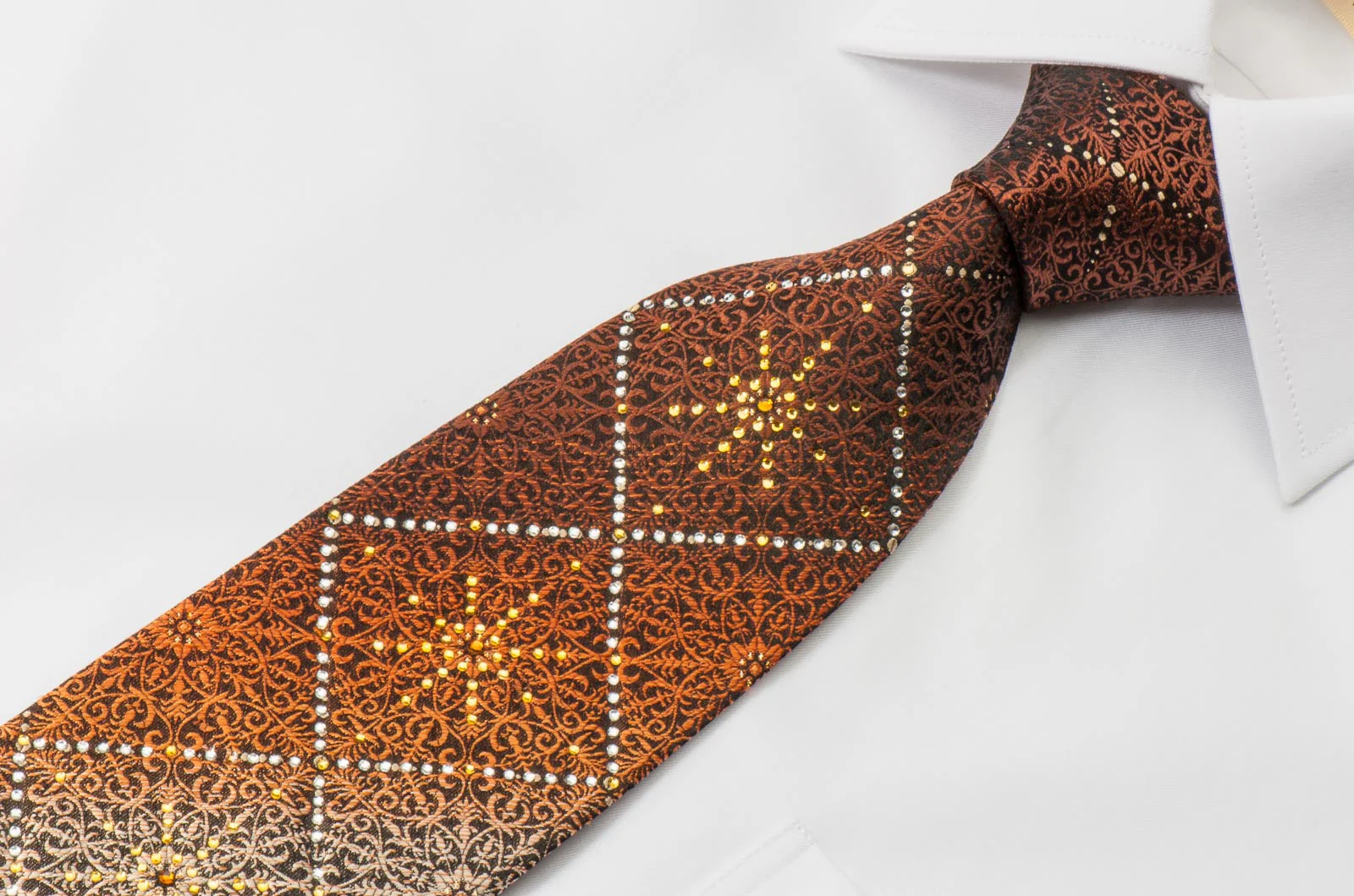 Remizio Men's Woven Silk Rhinestone Necktie Brown Orange Damask Design - Image 6