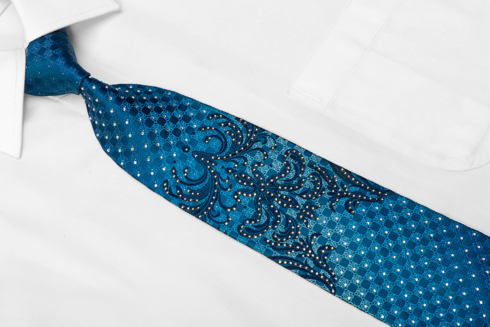 Remizio Men's Rhinestone Silk Necktie Damask On Blue With Sparkles - Image 2