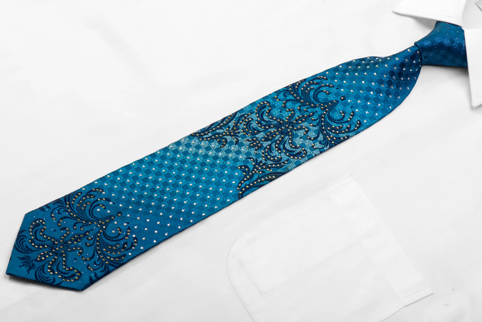 Remizio Men's Rhinestone Silk Necktie Damask On Blue With Sparkles - Image 3