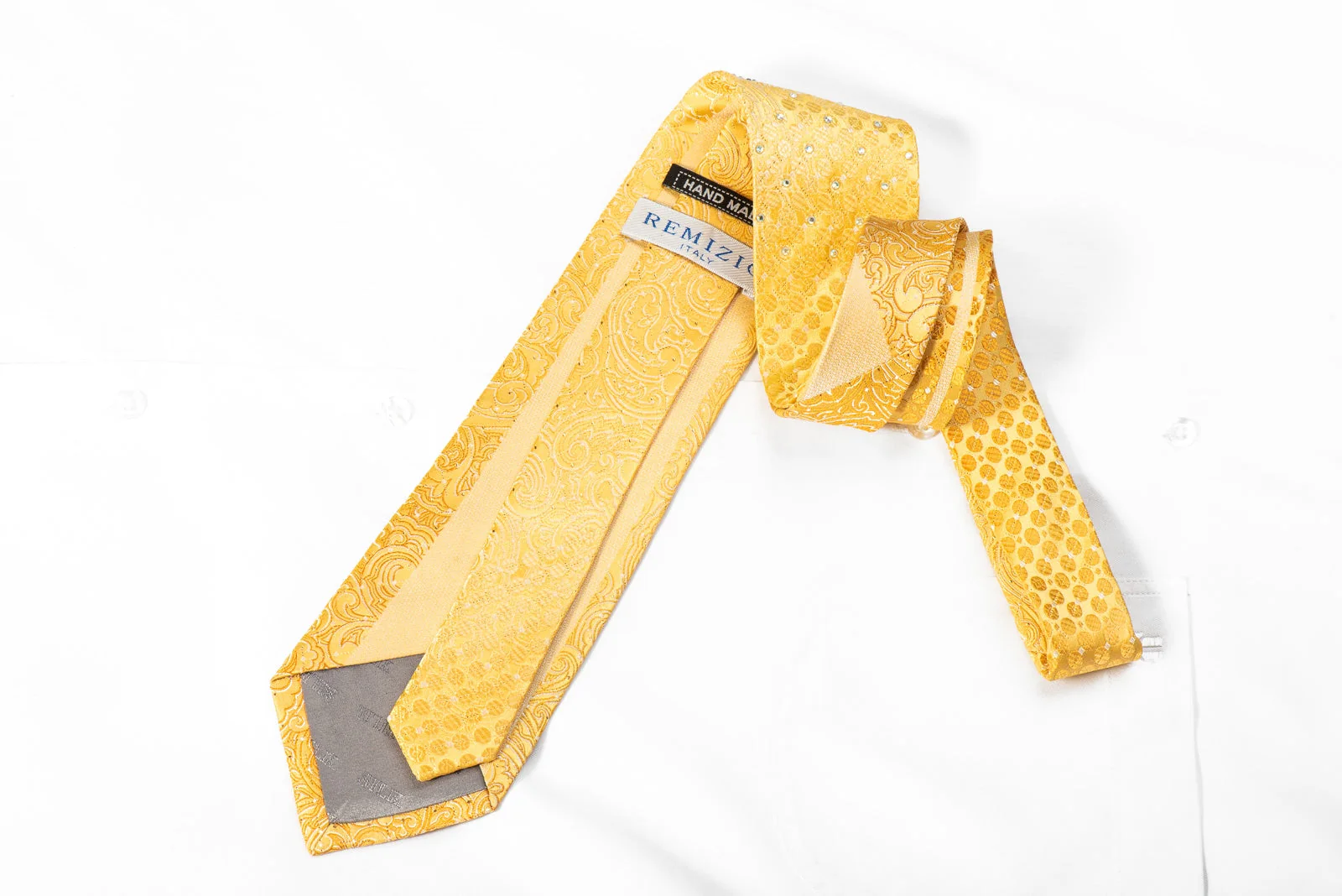 Remizio Mens Silk Tie Paisley On Yellow With Gold Sparkles - Image 5
