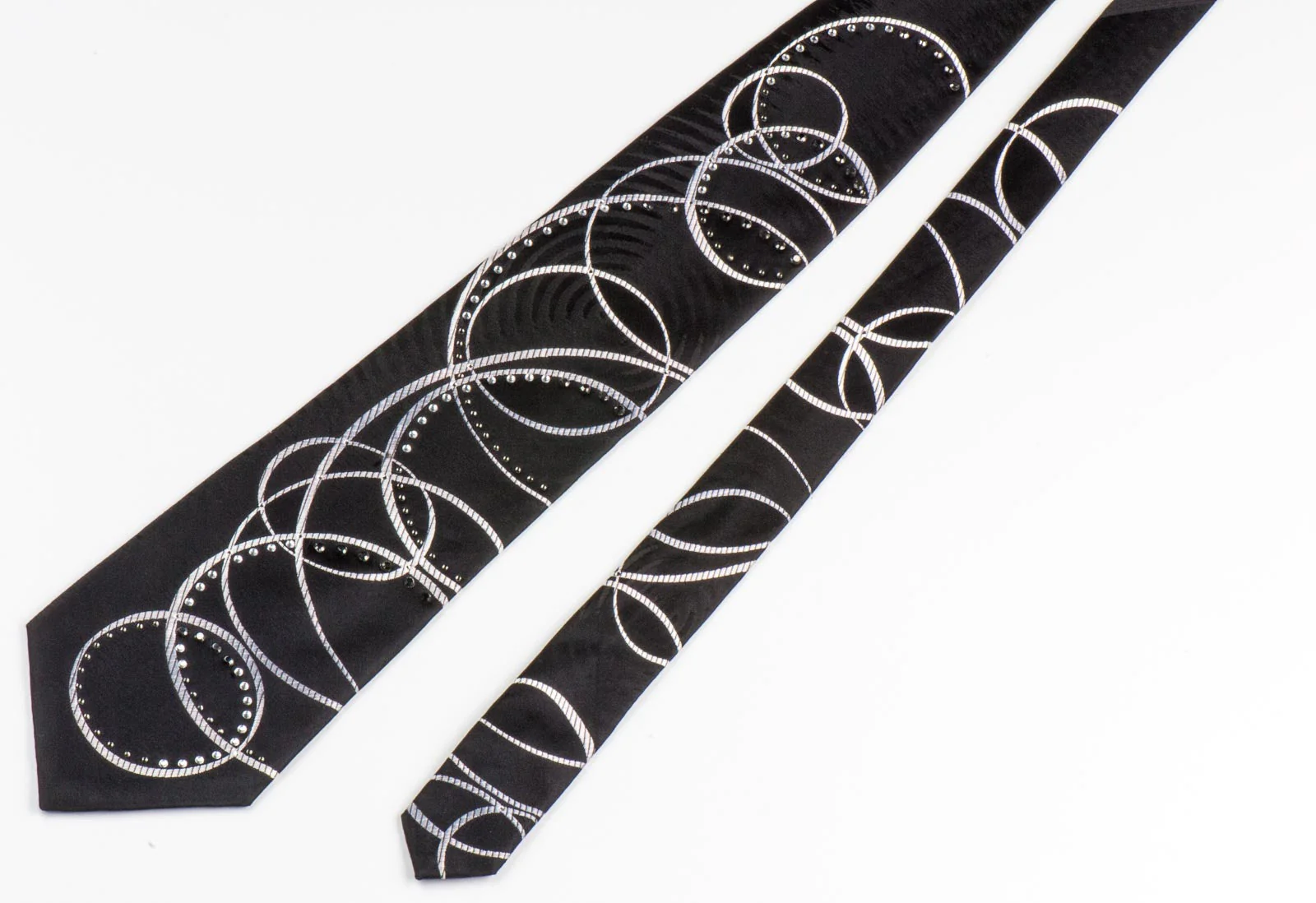 Remizio Rhinestone Neck Tie Silver Circles On Black Silk Classic 3 3/4 Inch - Image 2