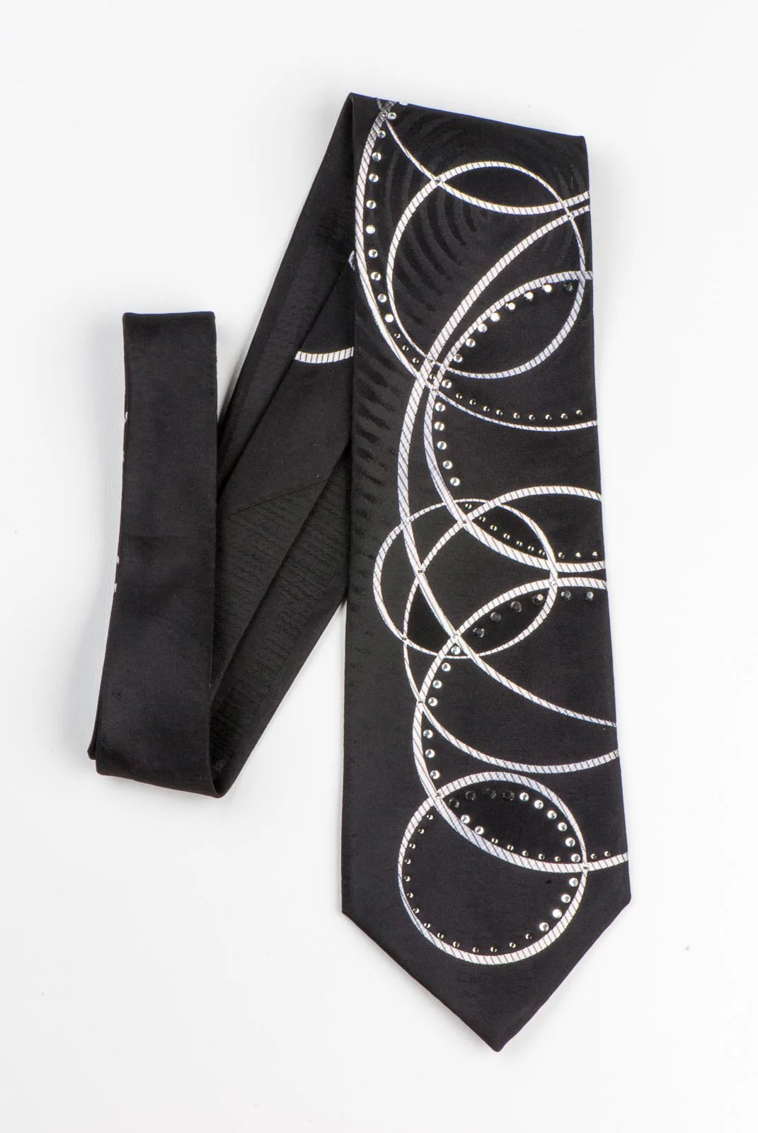 Remizio Rhinestone Neck Tie Silver Circles On Black Silk Classic 3 3/4 Inch - Image 3