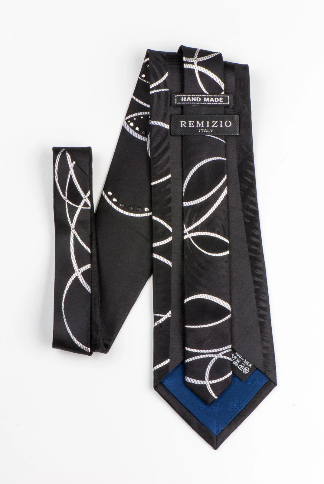 Remizio Rhinestone Neck Tie Silver Circles On Black Silk Classic 3 3/4 Inch - Image 6