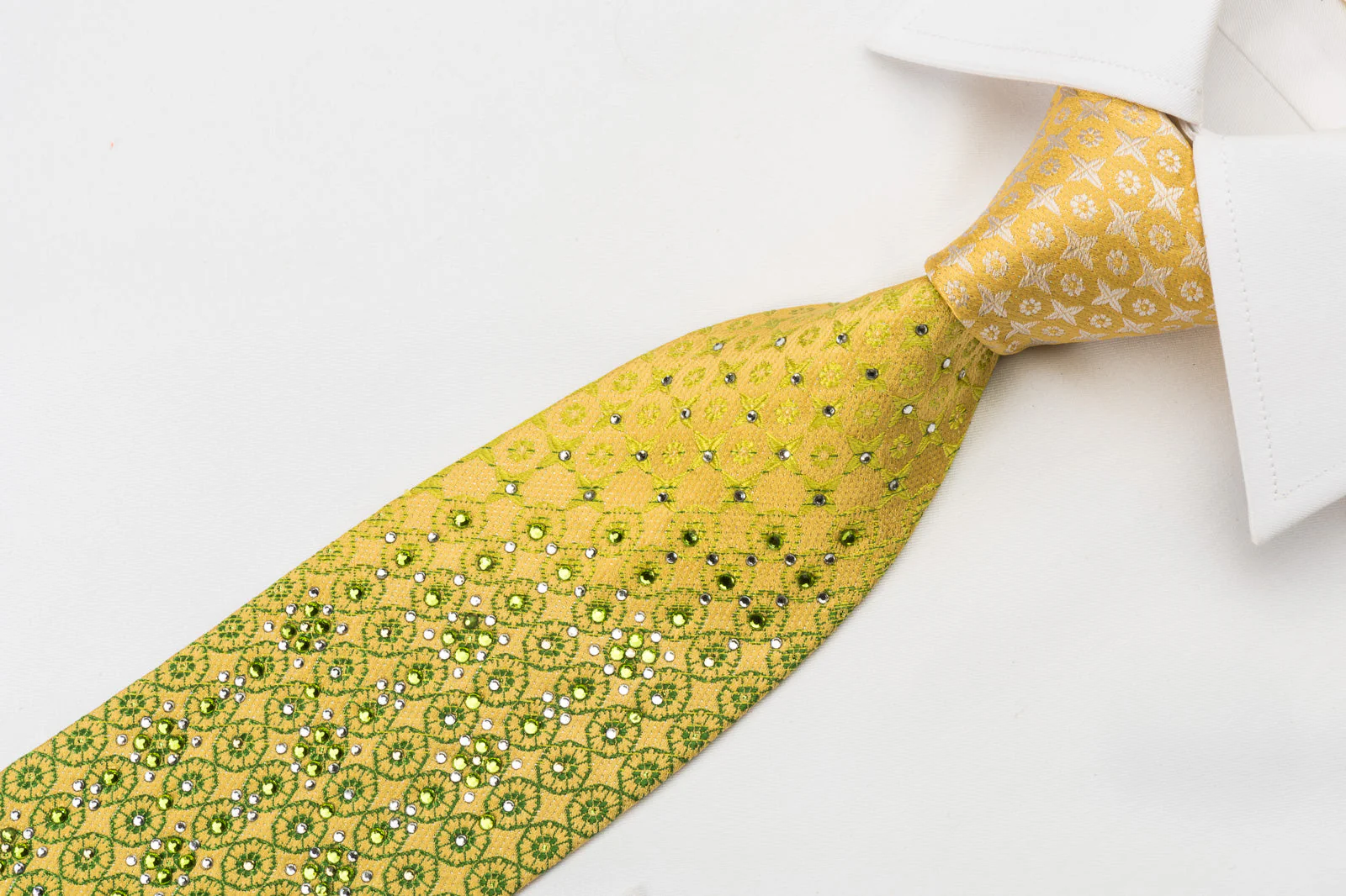 Remizio Rhinestone Necktie Green Checker Foulard On Yellow With Silver Sparkles - Image 6