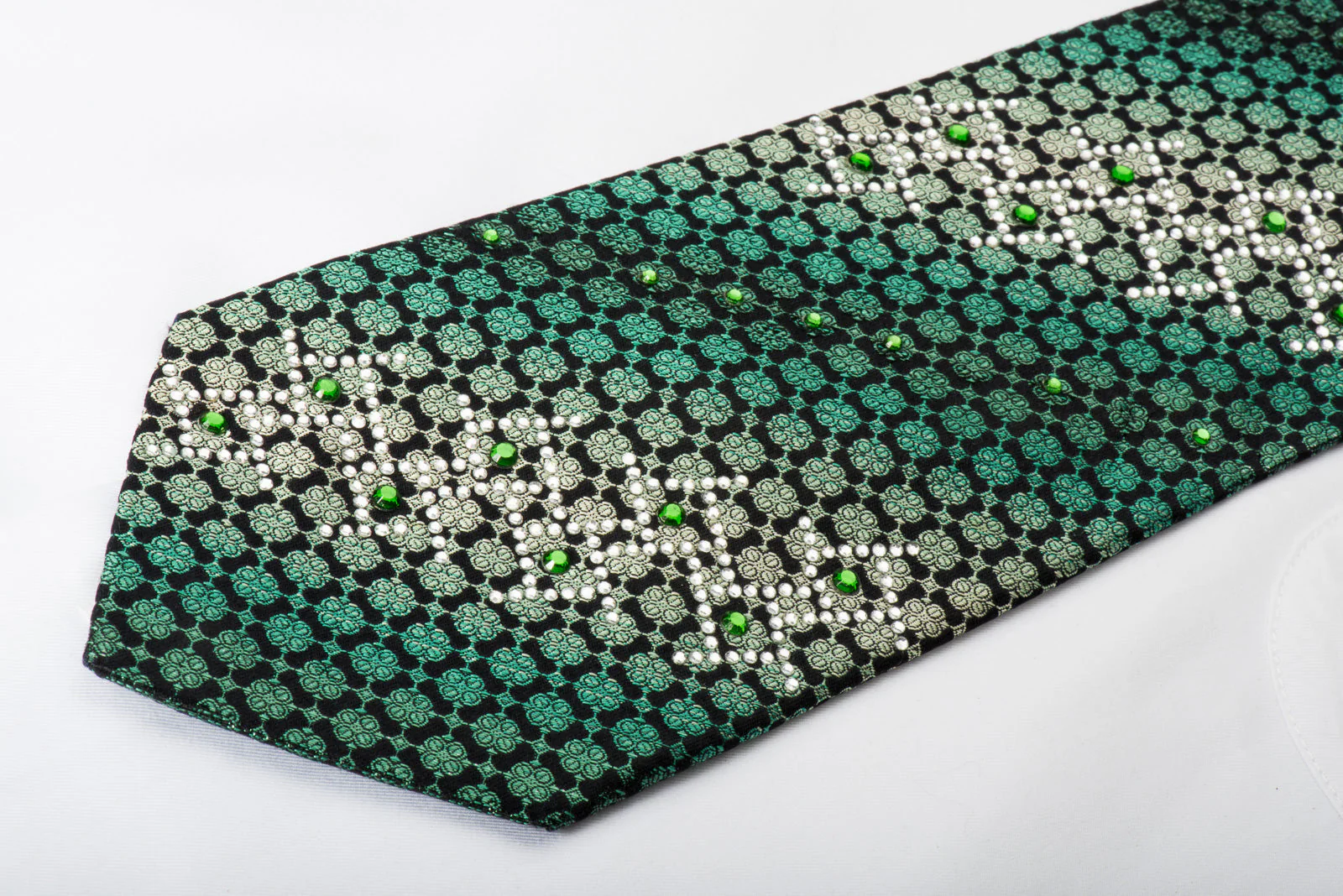 Remizio Rhinestone Silk Necktie Green Quatrefoil On Black With Green Sparkles - Image 7