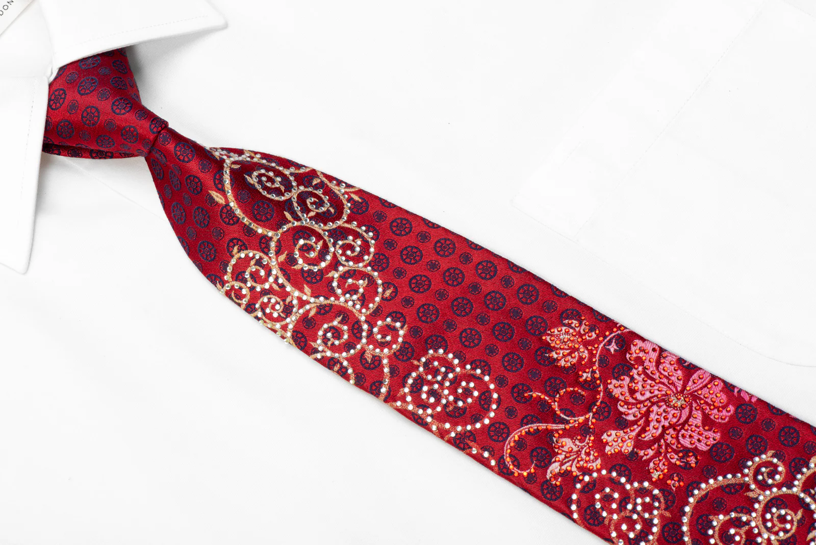 Remizio Rhinestone Silk Necktie Scrolls On Burgundy - Image 2