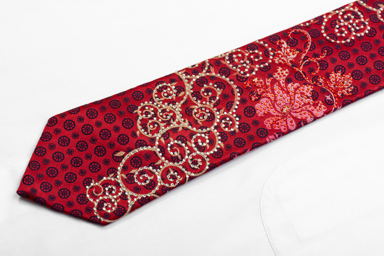Remizio Rhinestone Silk Necktie Scrolls On Burgundy - Image 3