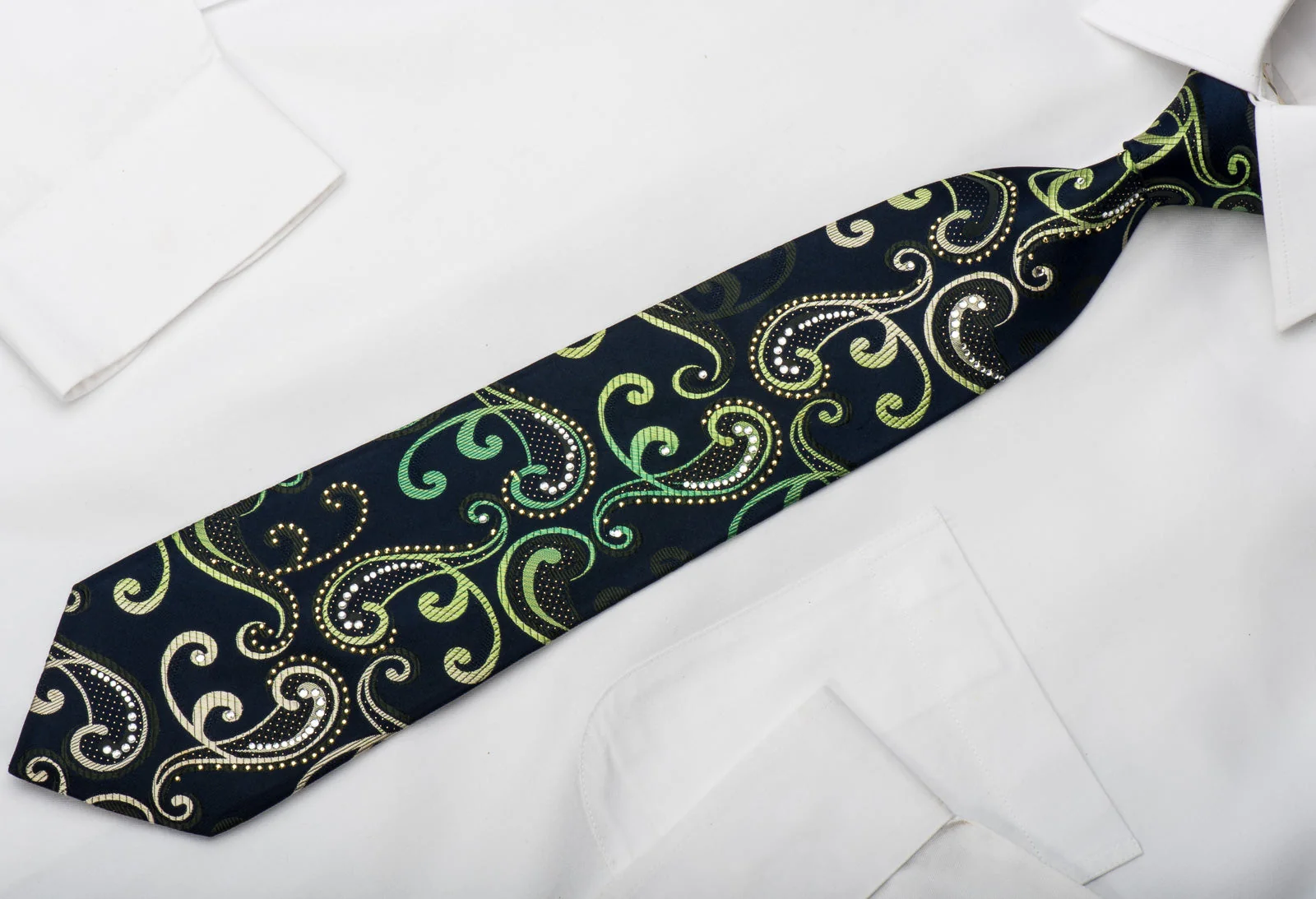Remizio Rhinestone Silk Necktie Scrolls On Green With Silver Sparkles - Image 4