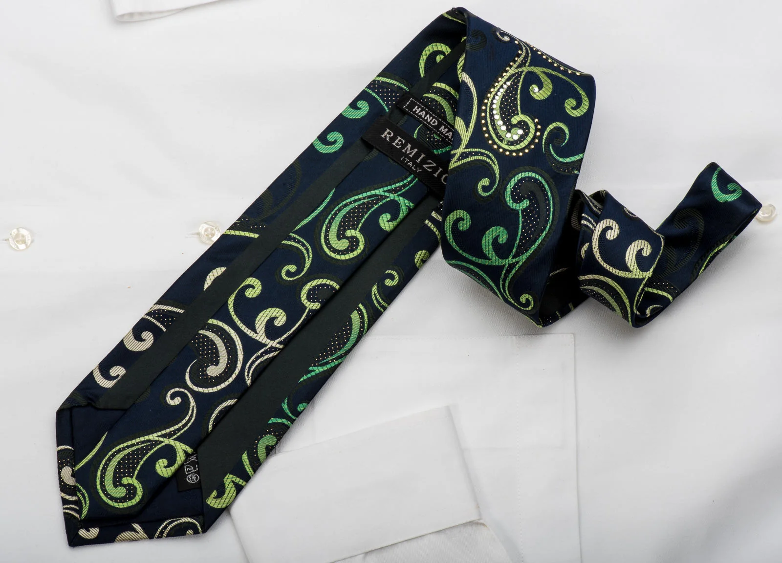 Remizio Rhinestone Silk Necktie Scrolls On Green With Silver Sparkles - Image 5