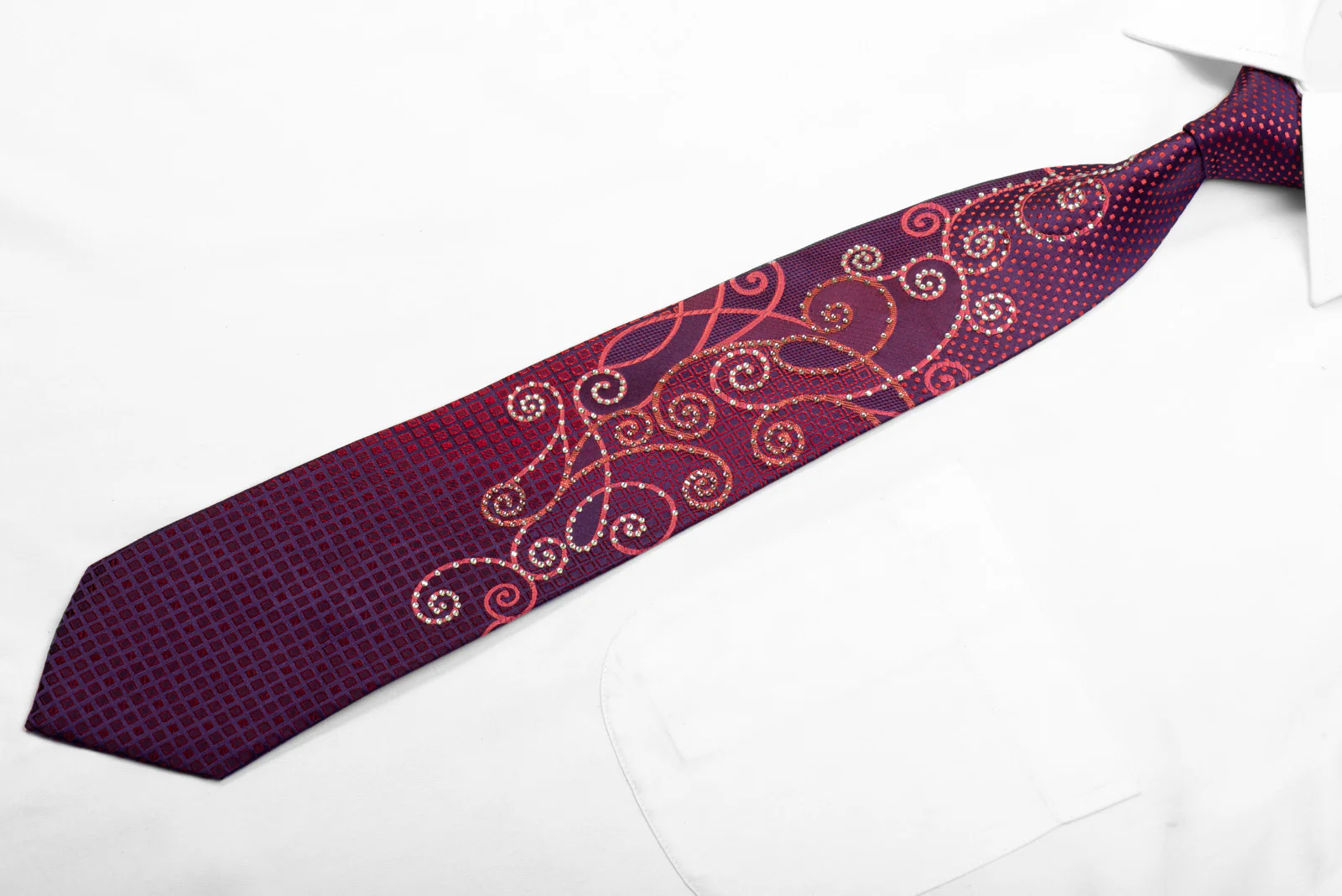 Remizio Rhinestone Silk Necktie Scrolls On Purple With Red Sparkles - Image 3