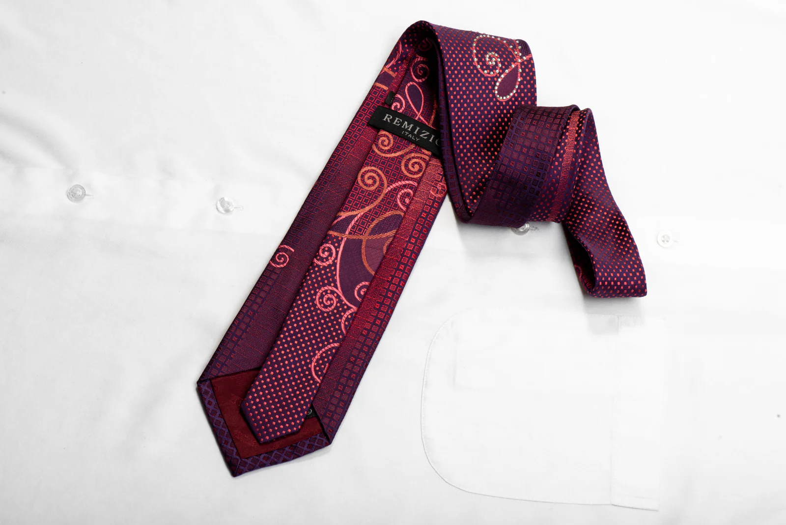 Remizio Rhinestone Silk Necktie Scrolls On Purple With Red Sparkles - Image 4