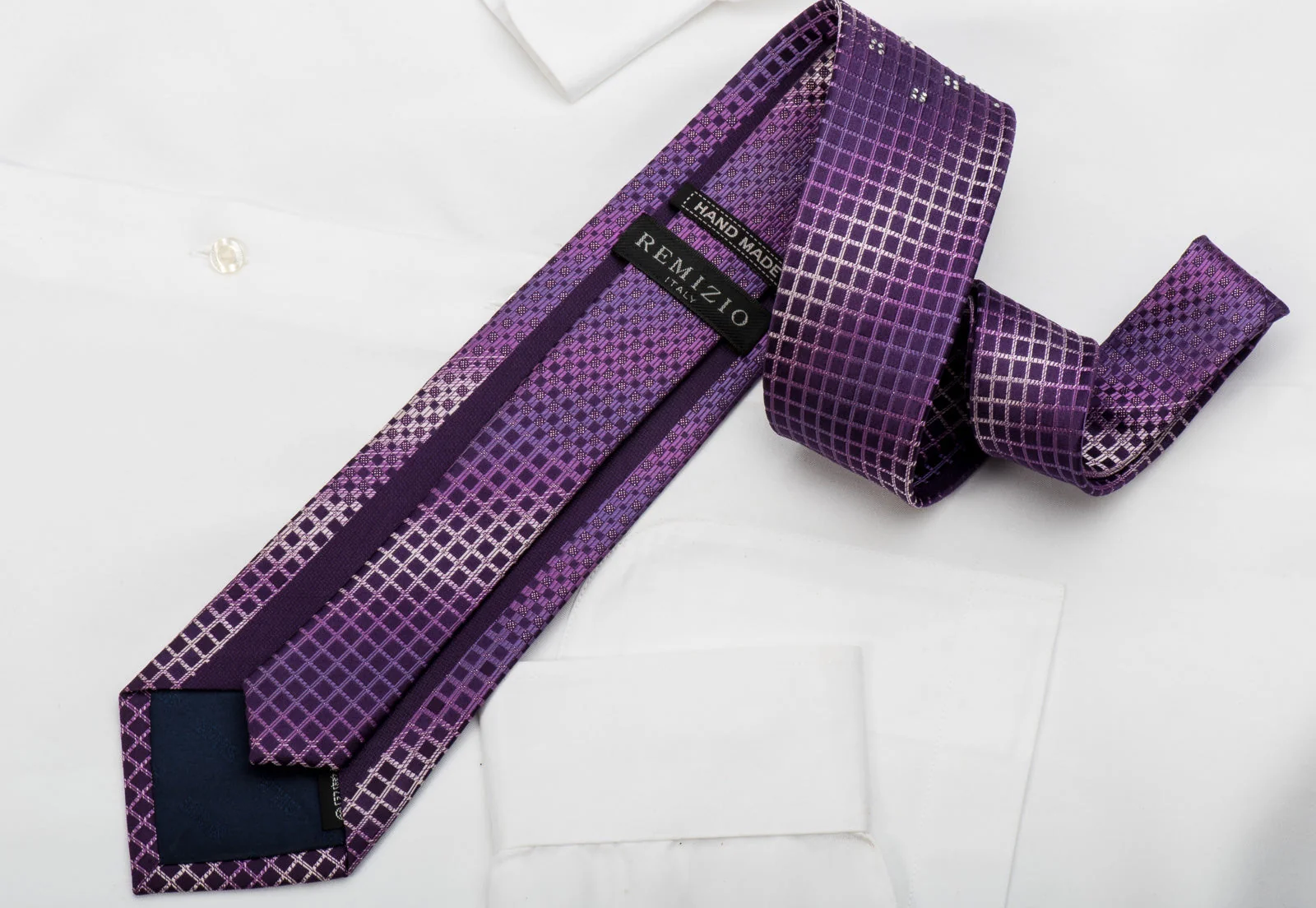 Remizio Rhinestone Silk Necktie Squares On Purple With Sparkles - Image 5
