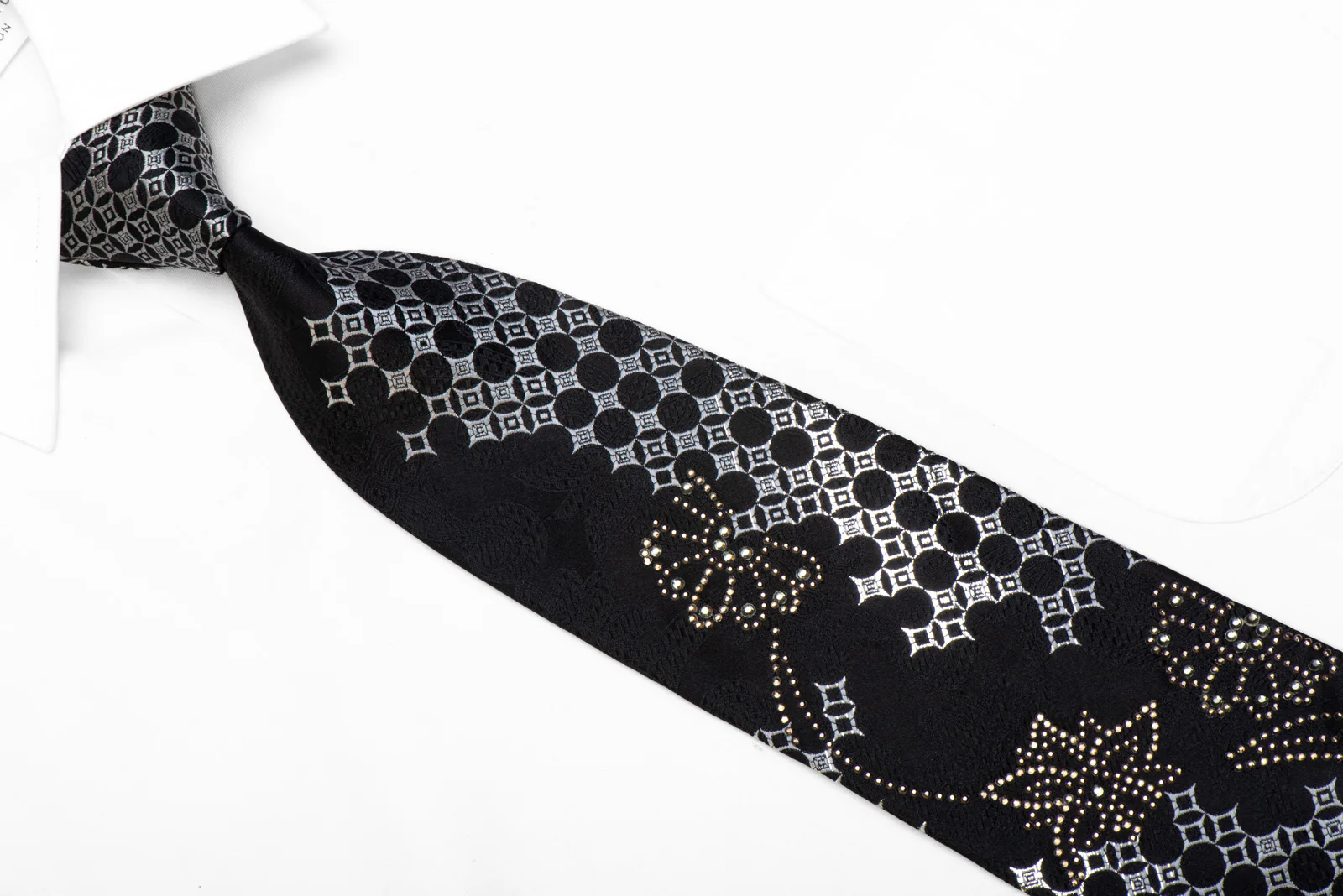 Remizio Rhinestone Silk Tie Silver Geometric Floral On Black With Silver Sparkles - Image 2