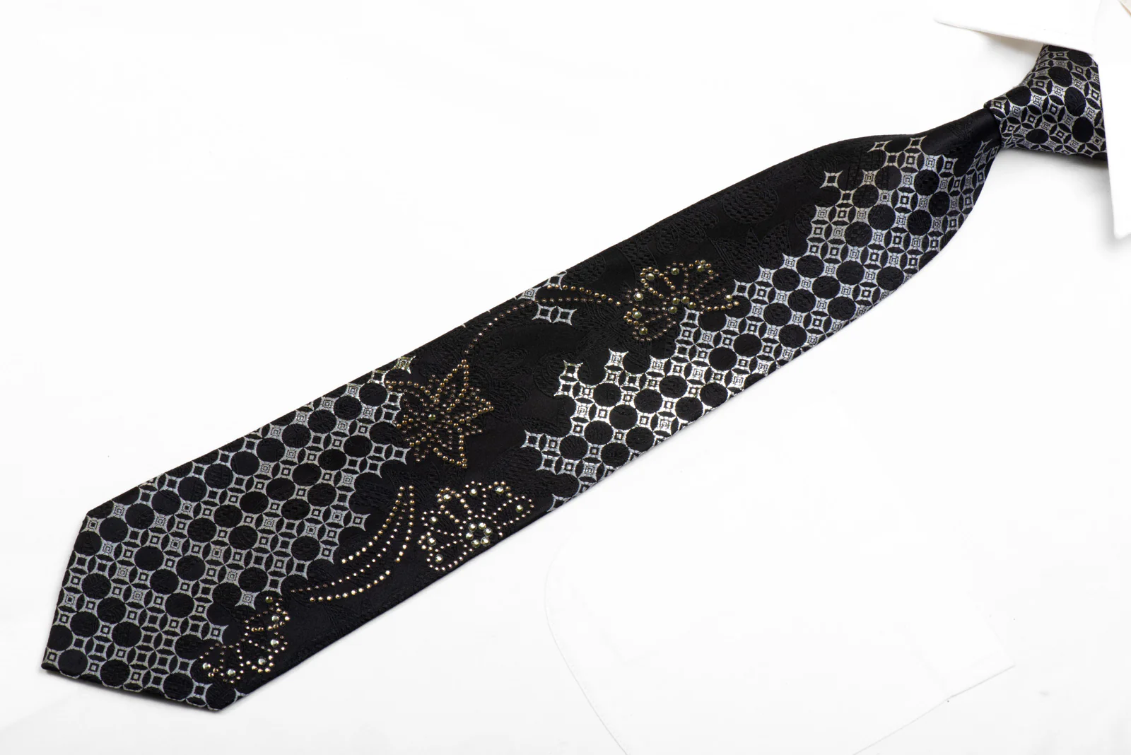 Remizio Rhinestone Silk Tie Silver Geometric Floral On Black With Silver Sparkles - Image 3