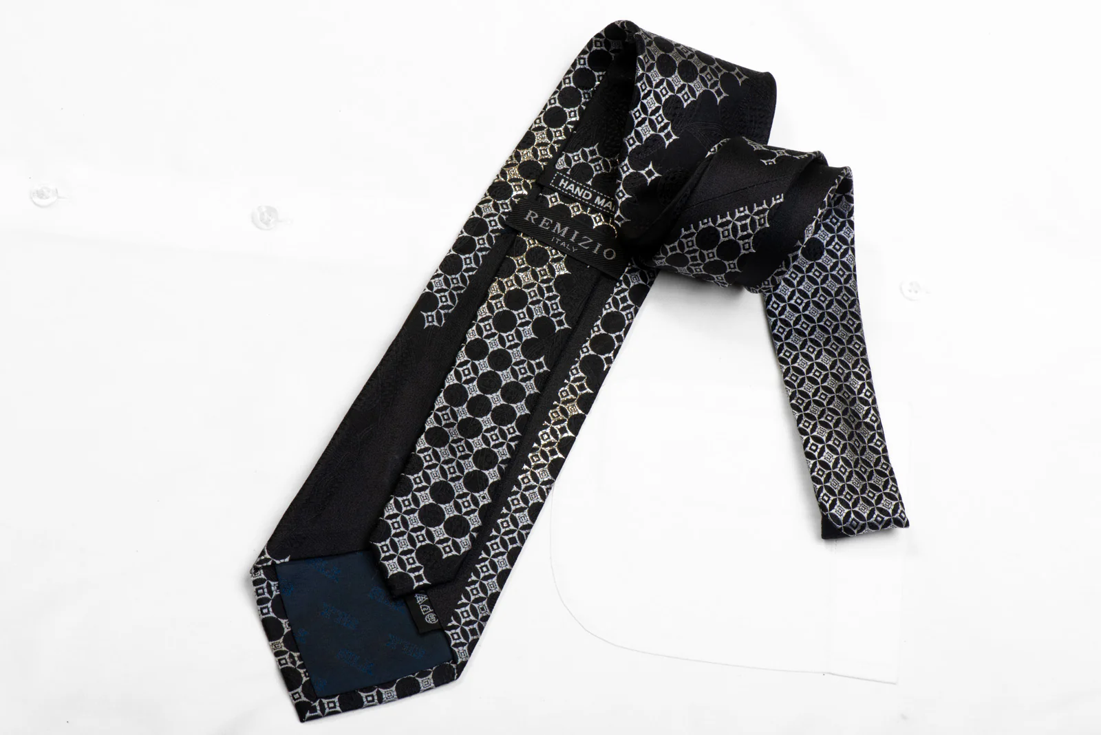 Remizio Rhinestone Silk Tie Silver Geometric Floral On Black With Silver Sparkles - Image 4