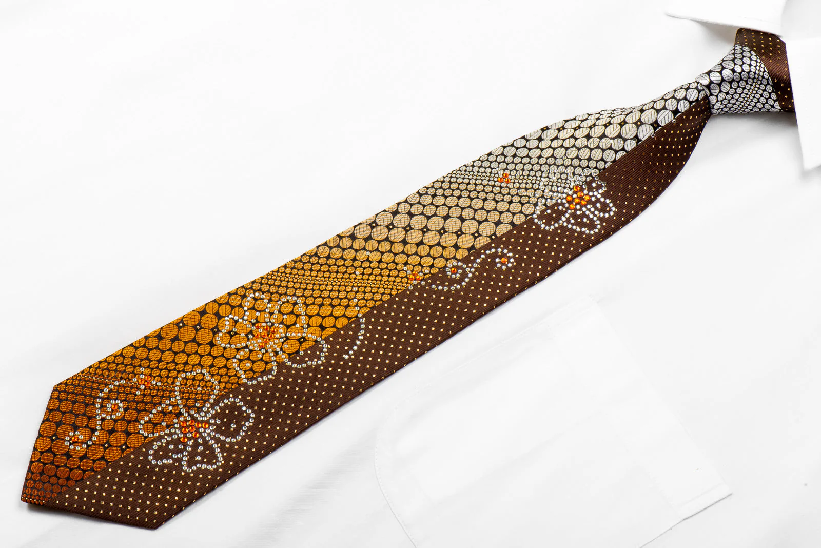 Remizio Rhinestone Tie Orange Silver Geometric & Floral On Brown With Gold Sparkles - Image 4