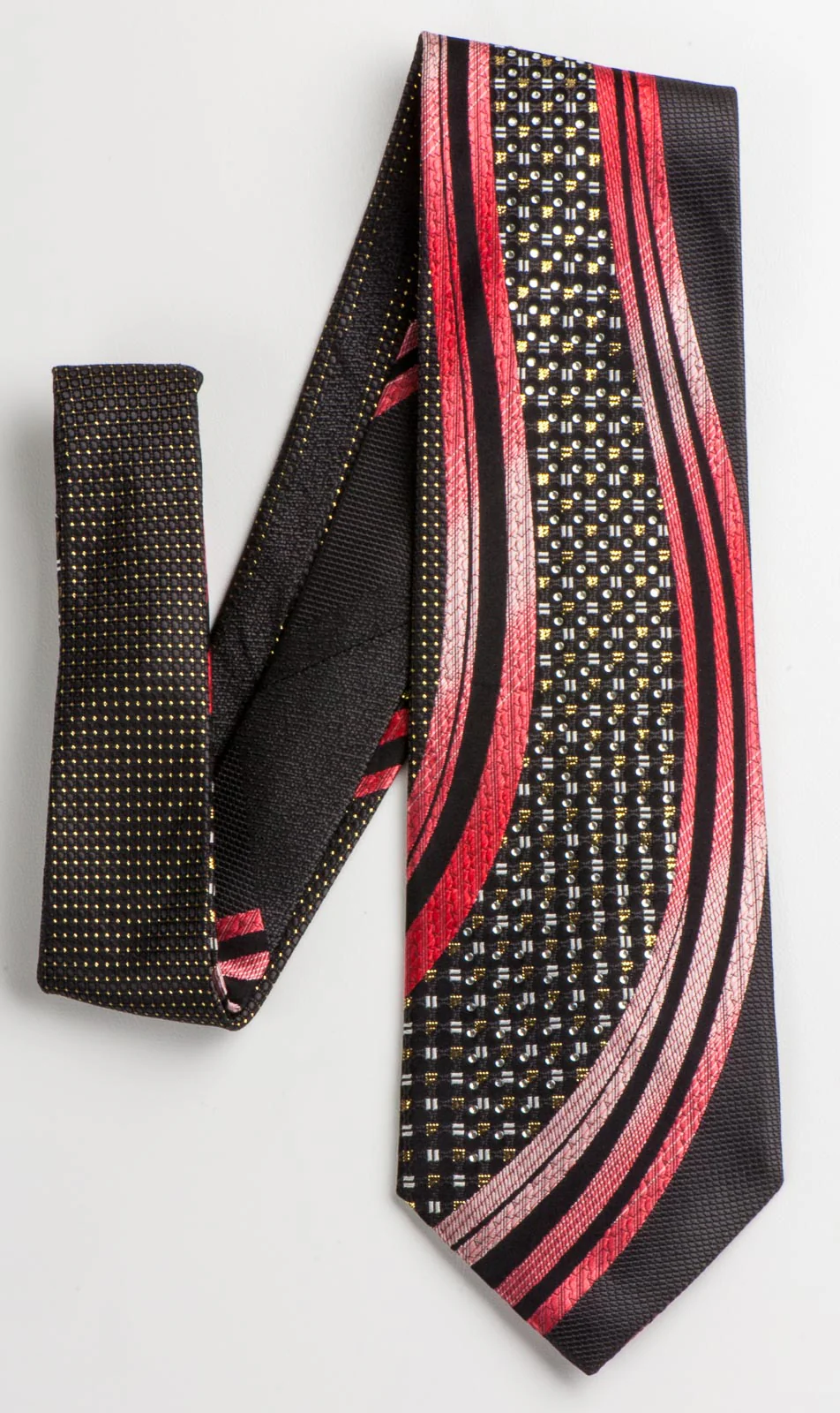 Remizio Rhinestone Tie Red Waves On Brown Woven Silk With Golden Sparkles - Image 6