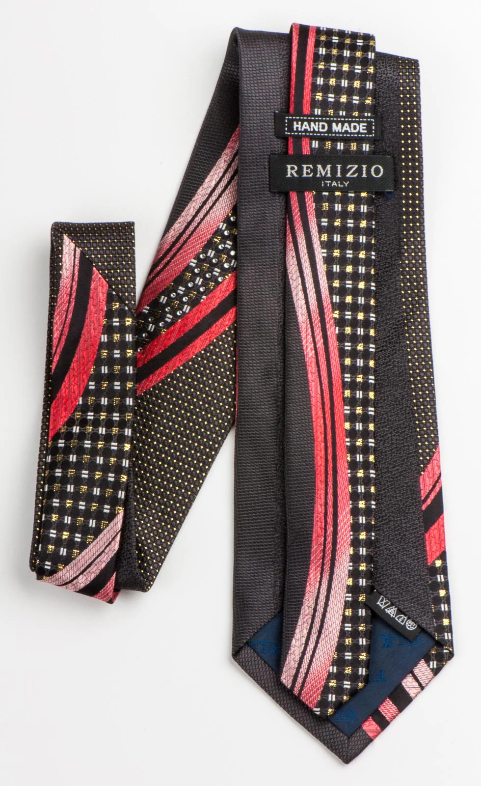 Remizio Rhinestone Tie Red Waves On Brown Woven Silk With Golden Sparkles - Image 7