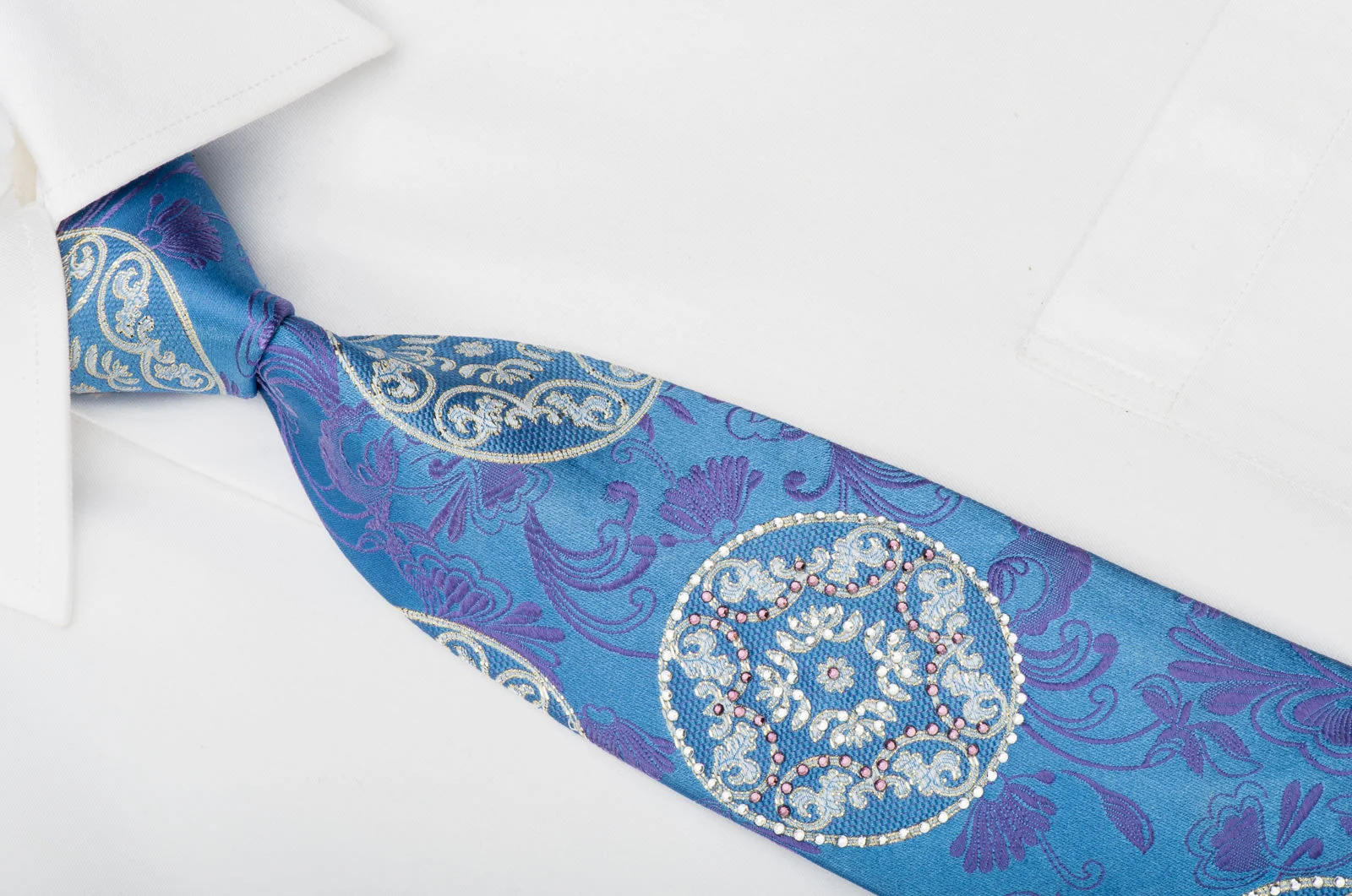 Remizio Rhinestone Tie Silver Medallions On Blue With Silver Sparkles - Image 3