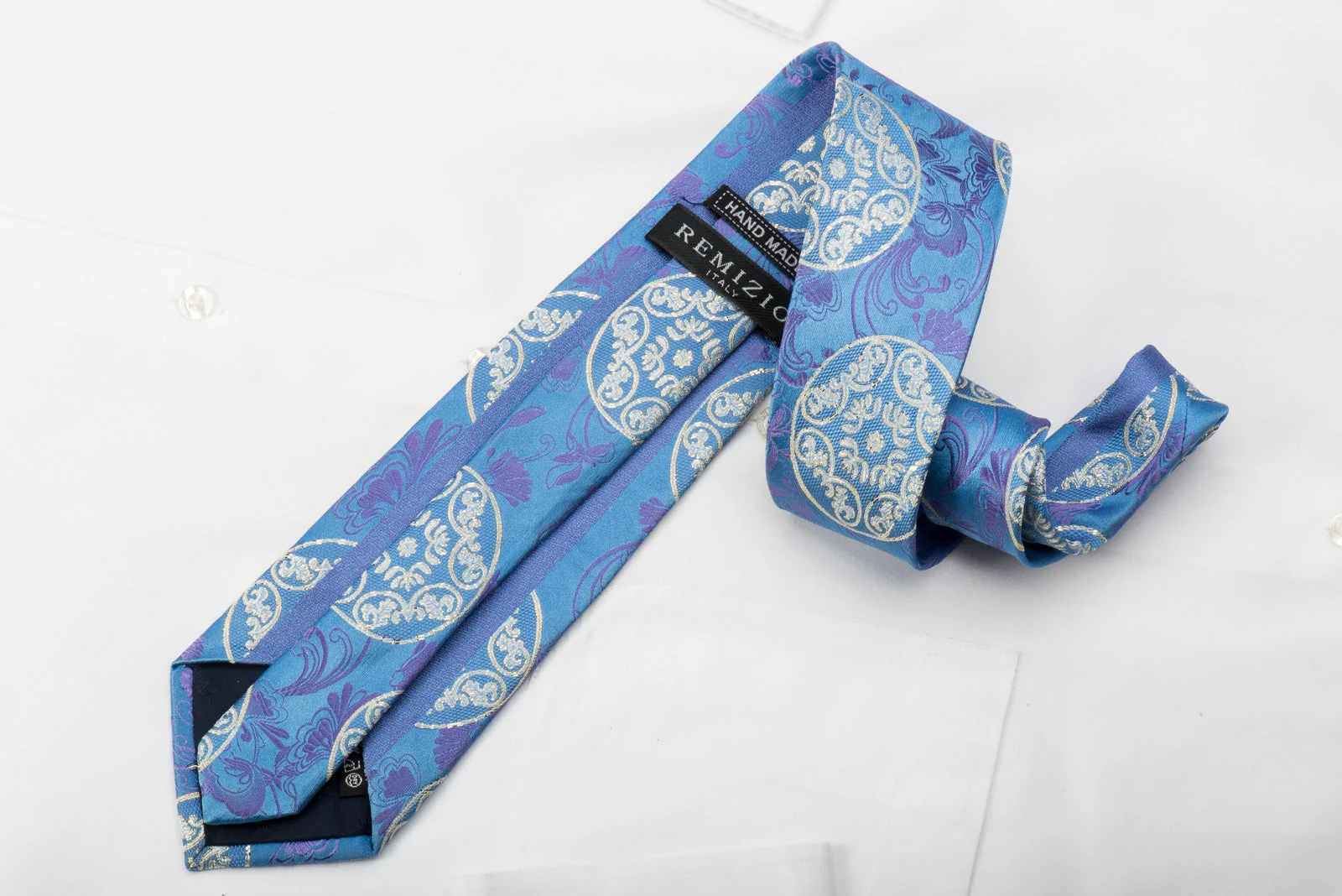 Remizio Rhinestone Tie Silver Medallions On Blue With Silver Sparkles - Image 4