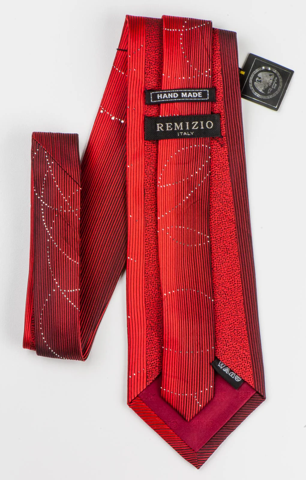 Remizio Rhinestone Tie Woven Silk Black Red Vertical Stripes With Silver Sparkles - Image 5