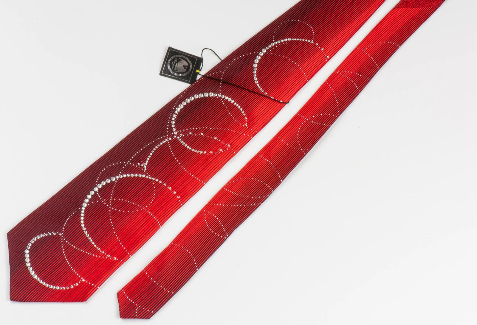 Remizio Rhinestone Tie Woven Silk Black Red Vertical Stripes With Silver Sparkles - Image 7