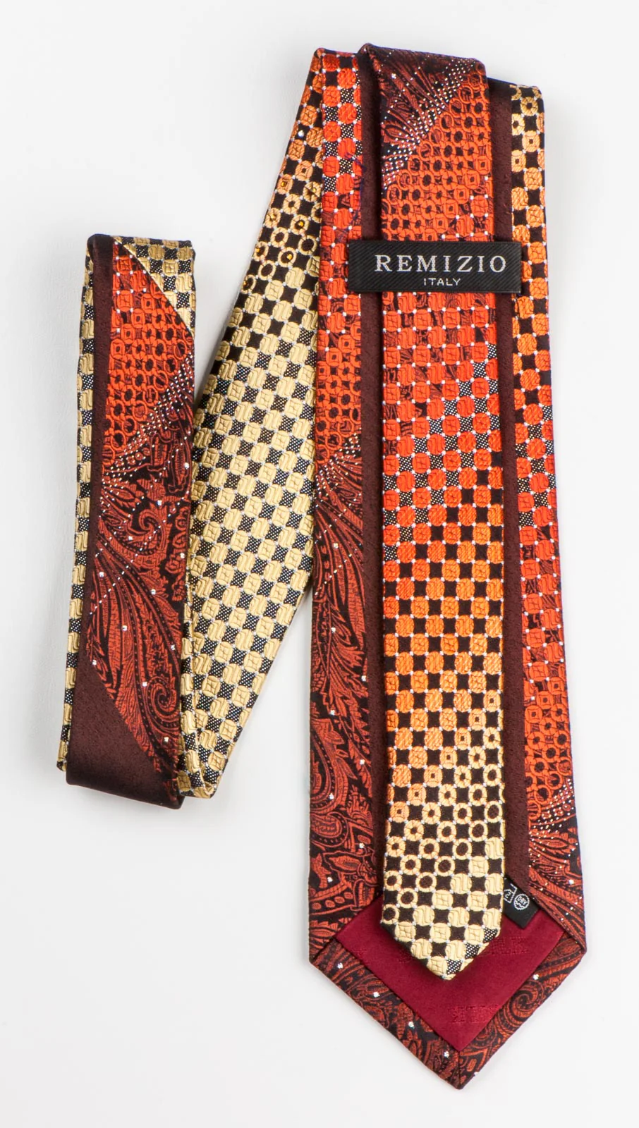 Remizio Silk Neck Tie Brown Paisley Orange Yellow Dots On Black With Rhinestones - Image 6