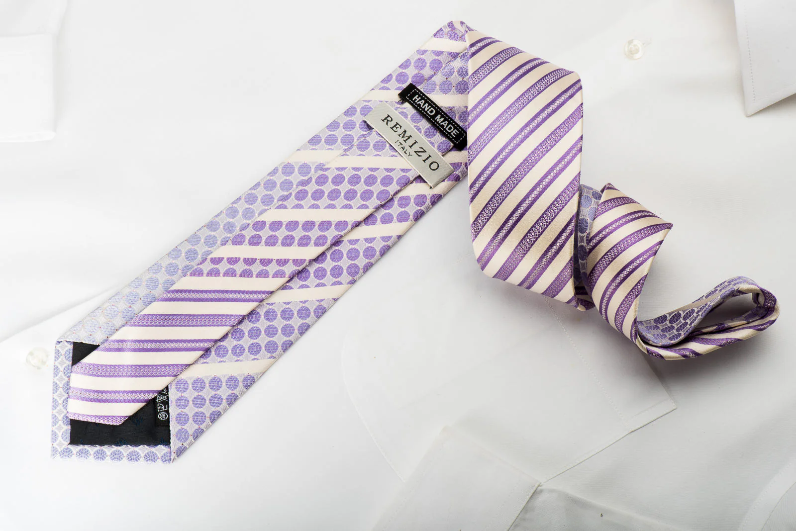 Remizio Silk Necktie Mauve Striped On White With Rhinestones - Image 3