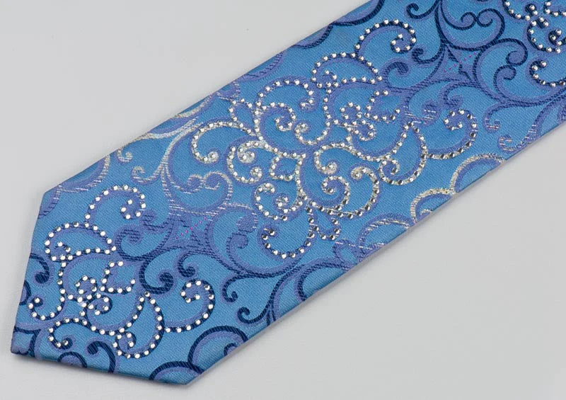 Remizio Silk Rhinestone Silk Tie Silver Scrolls On Blue Necktie With Silver Sparkles - Image 6