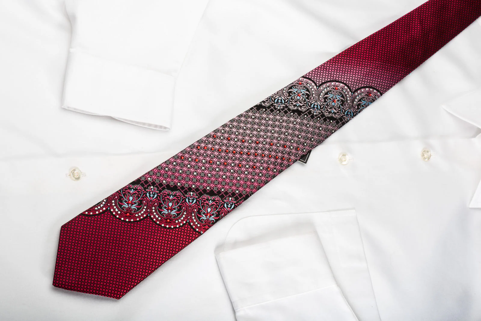 Remizio Silk Rhinestone Tie Cartouche Checker On Burgundy With Silver Sparkles - Image 6