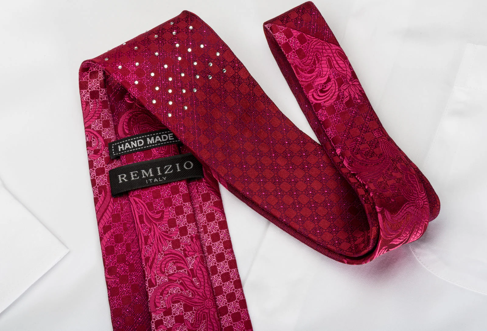 Remizio Silk Tie Damask On Red Sparkling With Crystal Rhinestones - Image 3