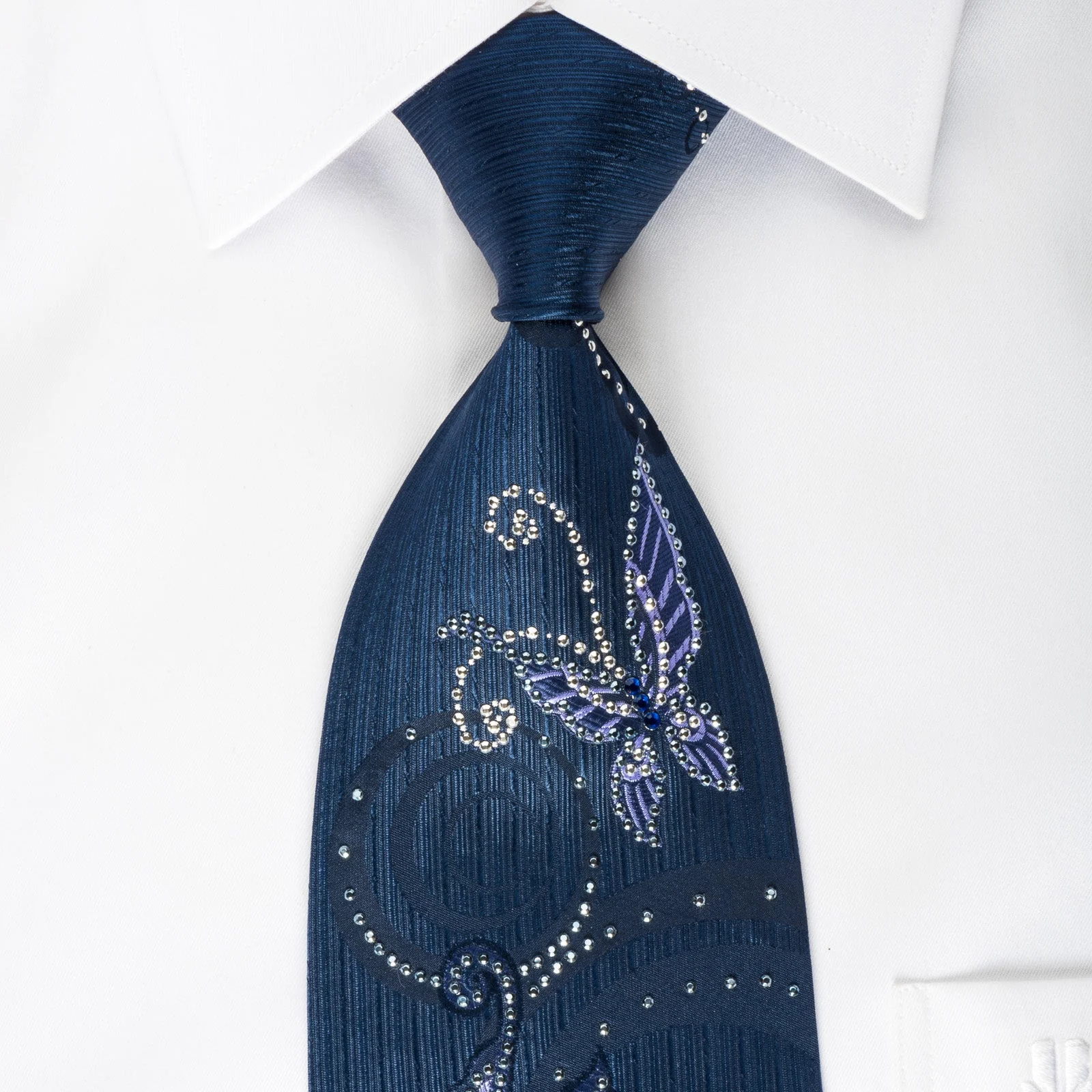 Remizio Silk Tie Rhinestone Butterflies On Blue