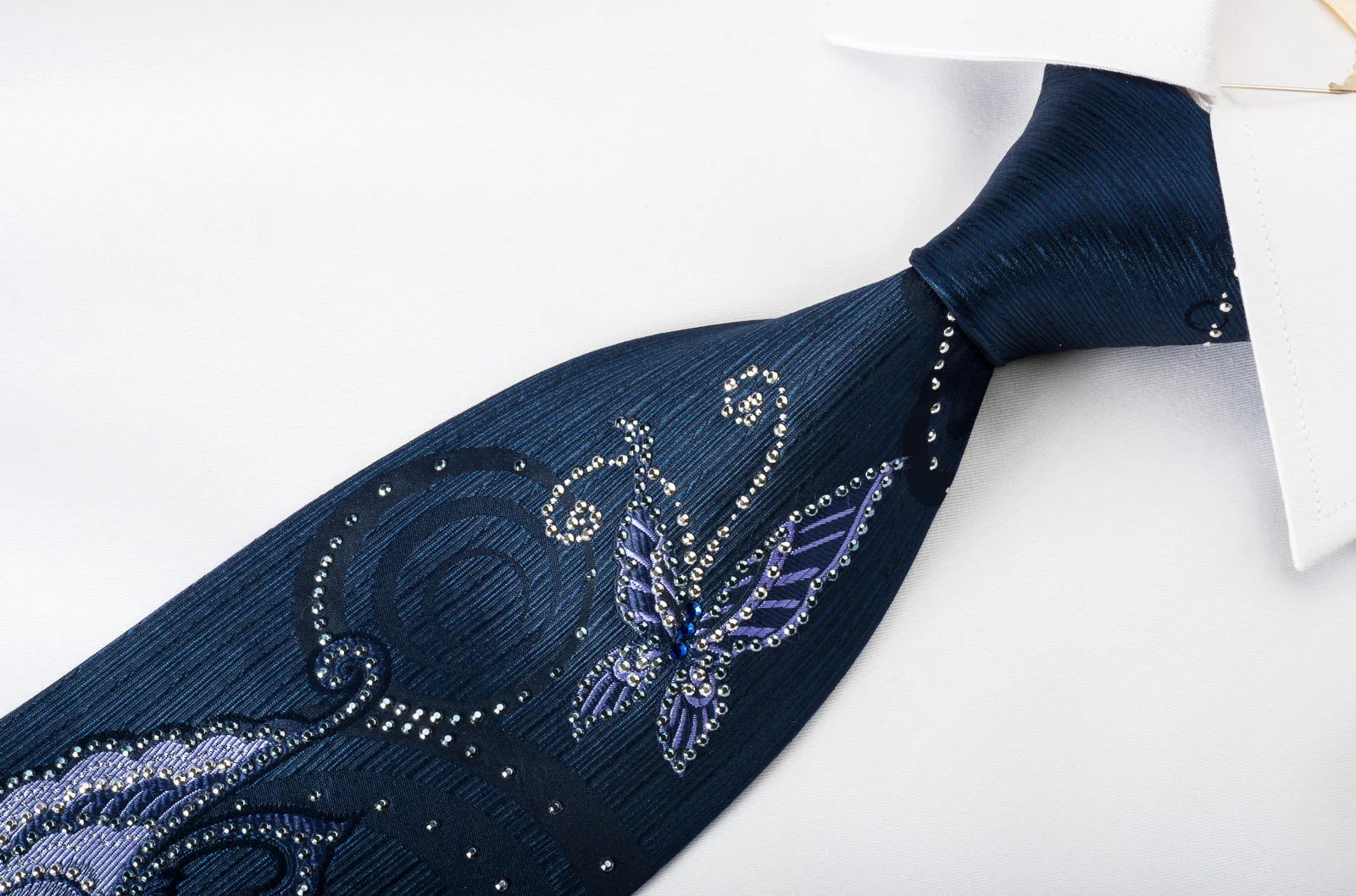 Remizio Silk Tie Rhinestone Butterflies On Blue - Image 4